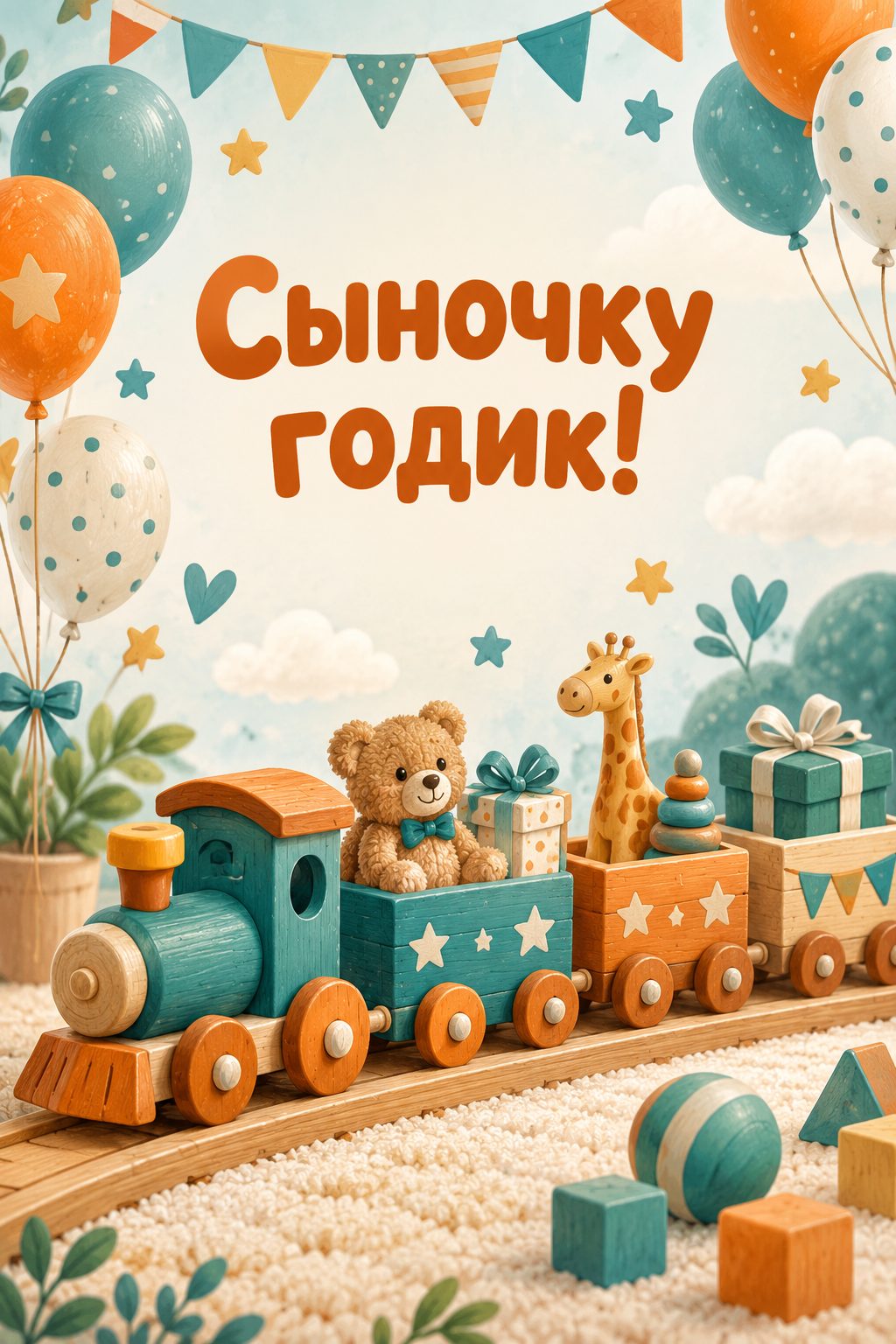 Открытка с годиком: деревянный паровозик с тремя вагончиками и шары, надпись «Сыночку годик!»