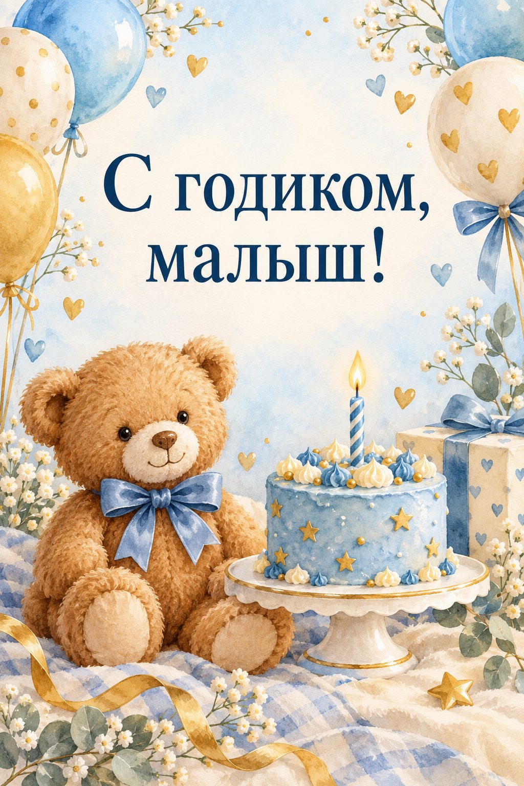 Открытка с годиком: маленький голубой торт со свечкой и плюшевый мишка, надпись «С годиком, малыш!»