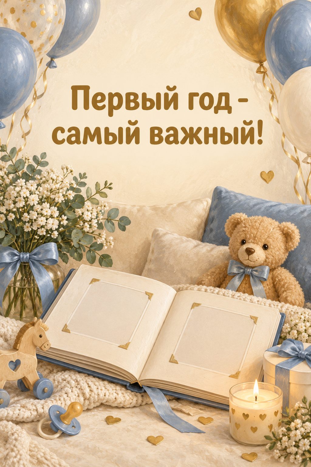 Открытка с годиком: открытый детский фотоальбом, шары и свеча, надпись «Первый год - самый важный!»