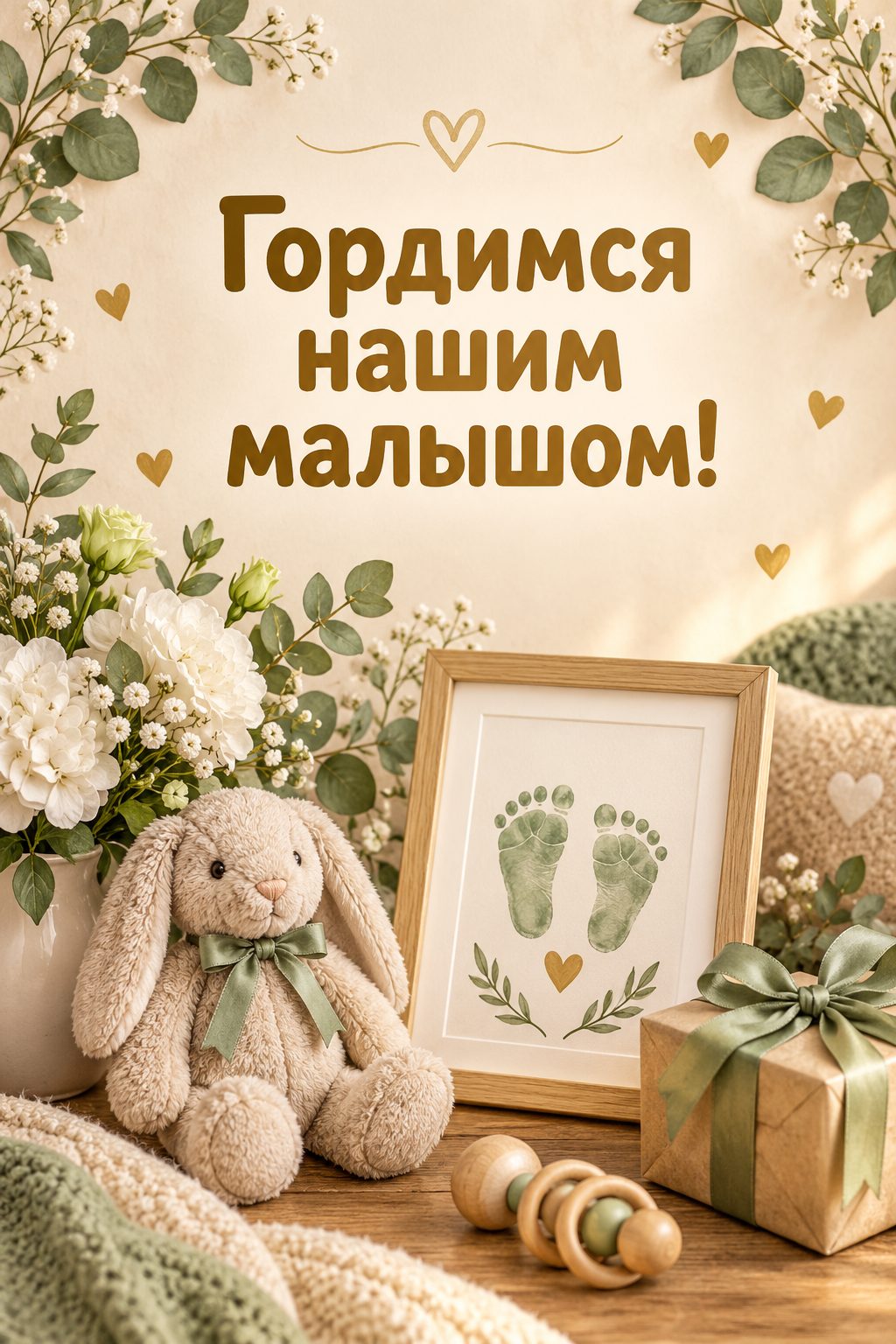 Открытка с годиком: рисунок детской ножки в рамке, цветы и подарок, надпись «Гордимся нашим малышом!»