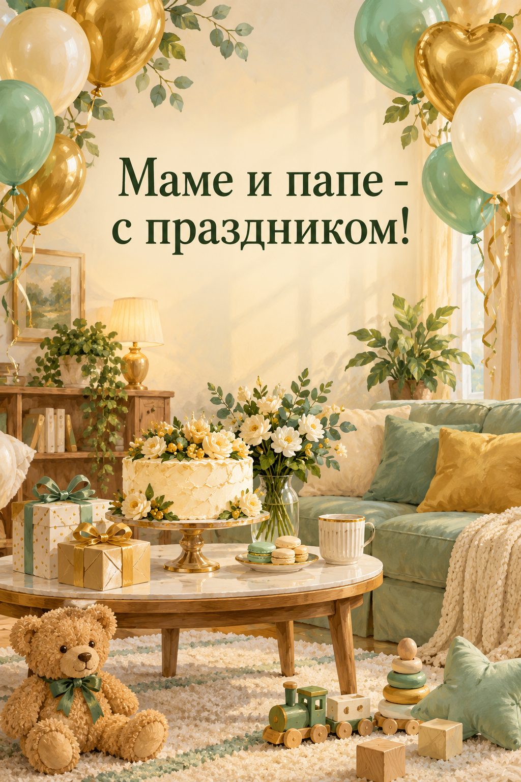 Открытка с годиком: гостиная с шарами, тортом и игрушками на ковре, надпись «Маме и папе - с праздником!»