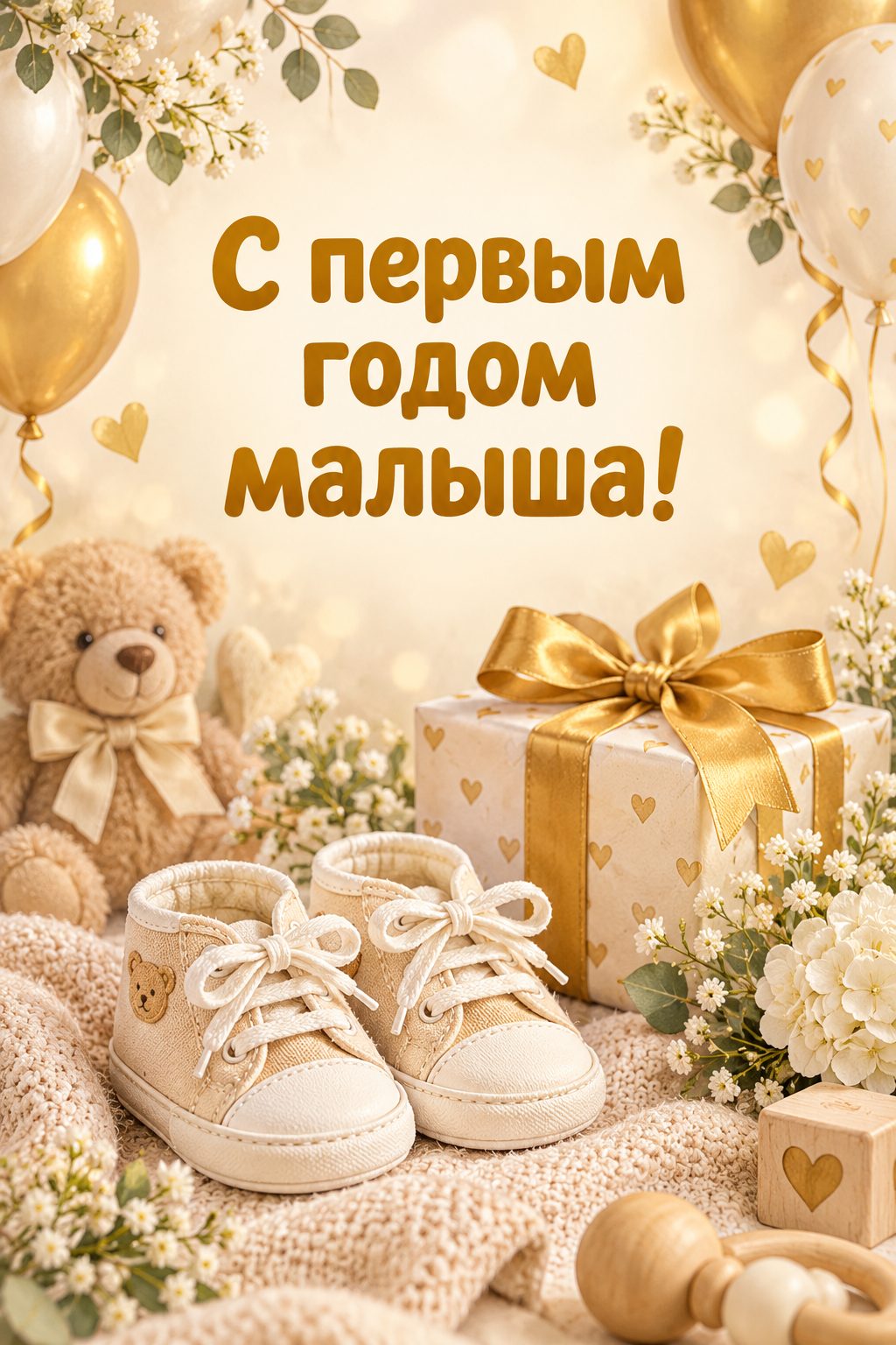 Открытка с годиком: первые детские ботиночки и подарок с лентой, надпись «С первым годом малыша!»