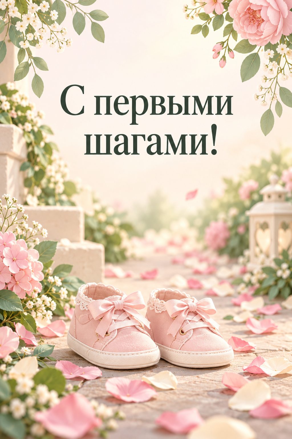 Открытка с годиком: крошечные пинетки на дорожке из лепестков, надпись «С первыми шагами!»