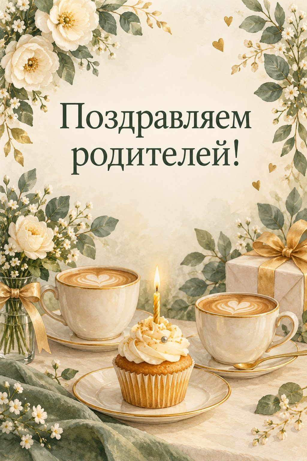 Открытка с годиком: две чашки кофе и капкейк со свечкой на столе, надпись «Поздравляем родителей!»