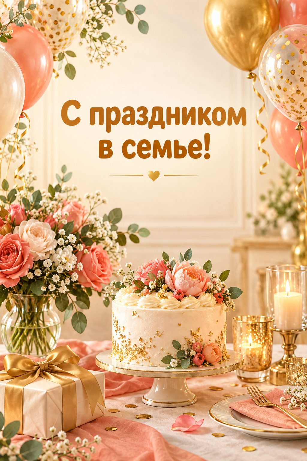 Открытка с годиком: праздничный стол с тортиком, шарами и цветами, надпись «С праздником в семье!»
