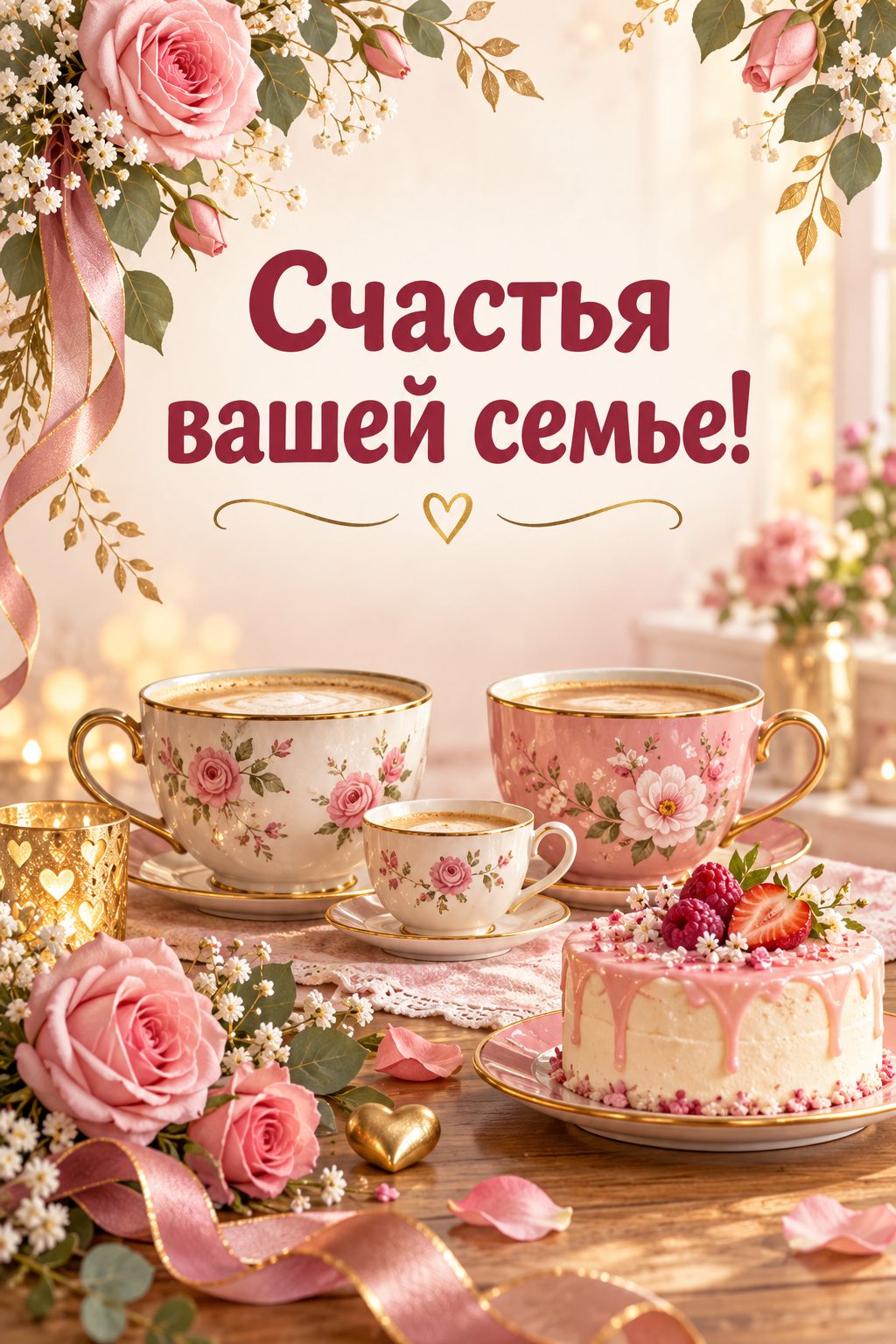 Открытка с годиком: три чашки, две большие и одна крошечная, и тортик, надпись «Счастья вашей семье!»