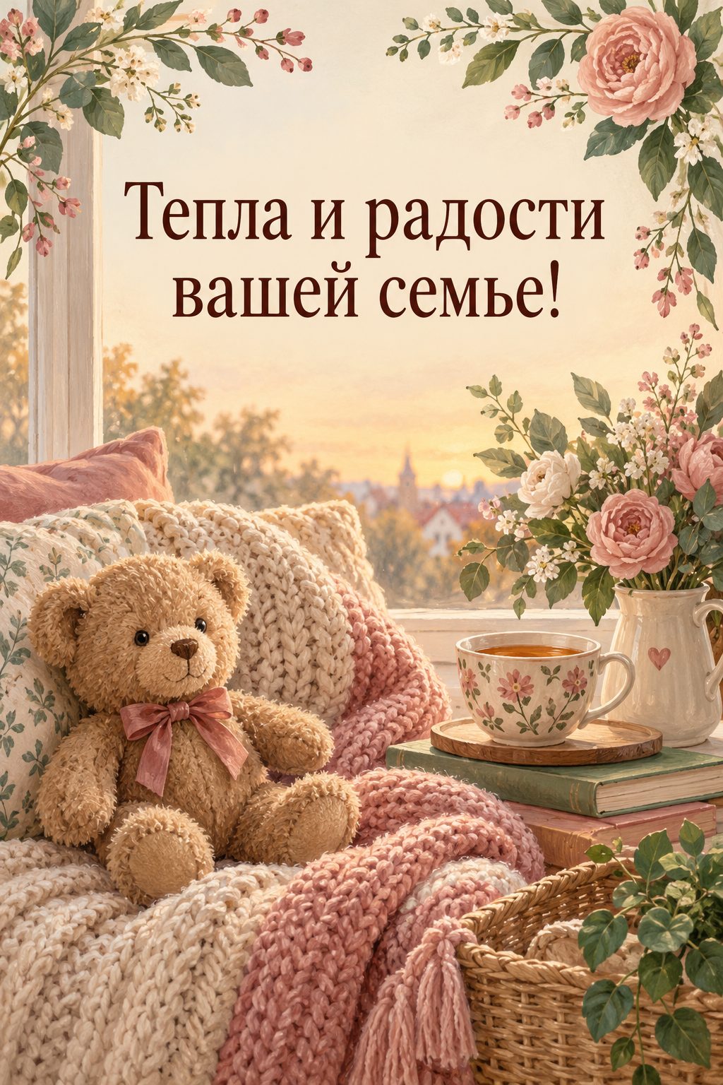 Открытка с годиком: вязаный плед, плюшевый мишка и чашка чая у окна, надпись «Тепла и радости вашей семье!»