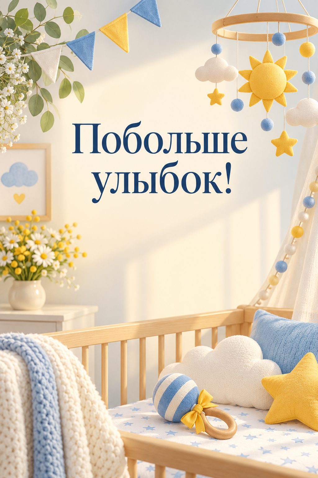 Открытка с годиком: погремушка и мобиль-солнышко над кроваткой, надпись «Побольше улыбок!»