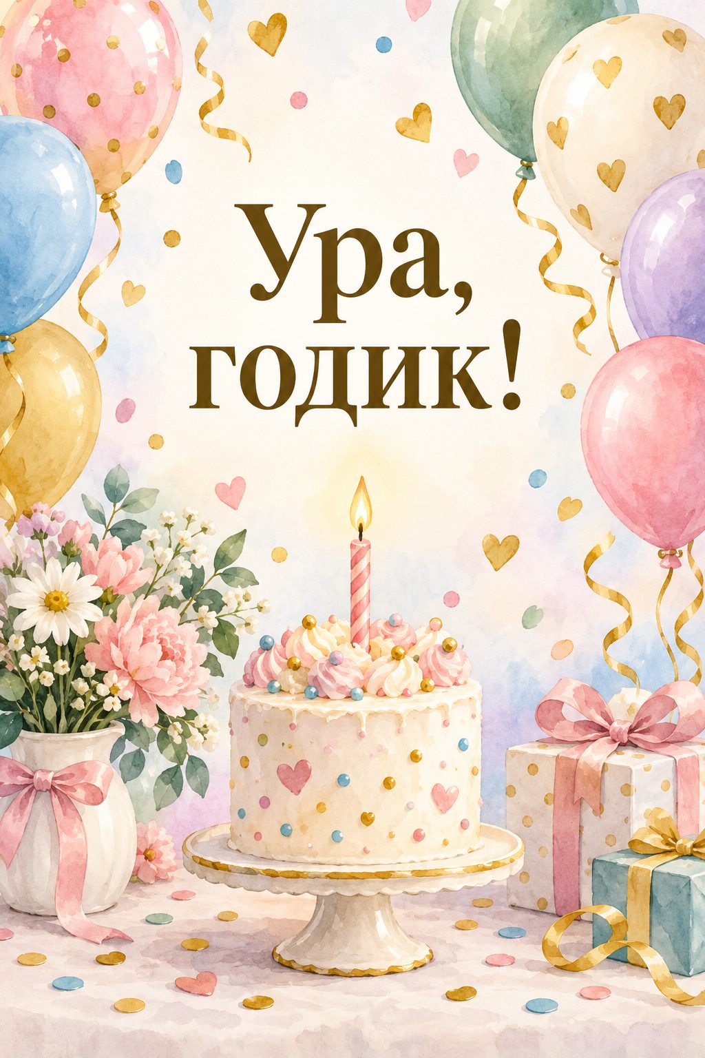 Открытка с годиком: конфетти и шары вокруг тортика со свечкой, надпись «Ура, годик!»