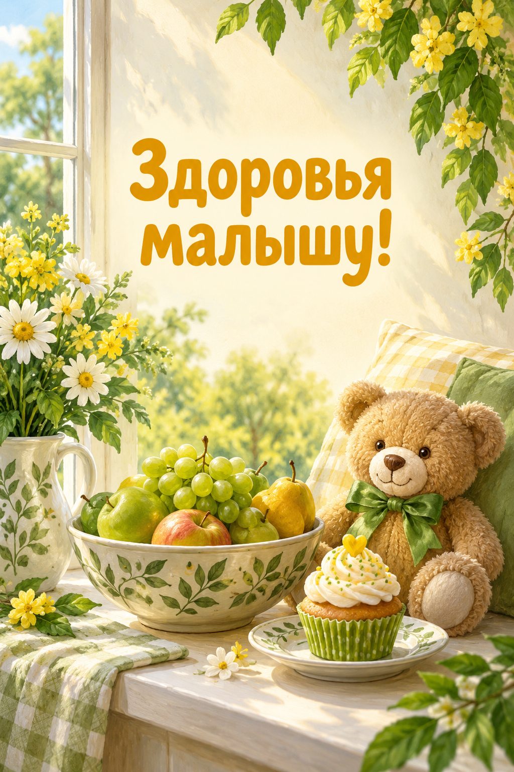 Открытка с годиком: фрукты, плюшевая игрушка и капкейк на солнечном подоконнике, надпись «Здоровья малышу!»