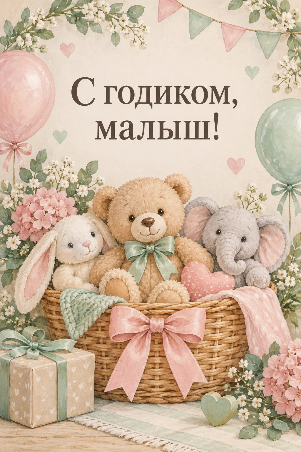Открытка с годиком: корзина мягких игрушек с бантом, надпись «С годиком, малыш!»