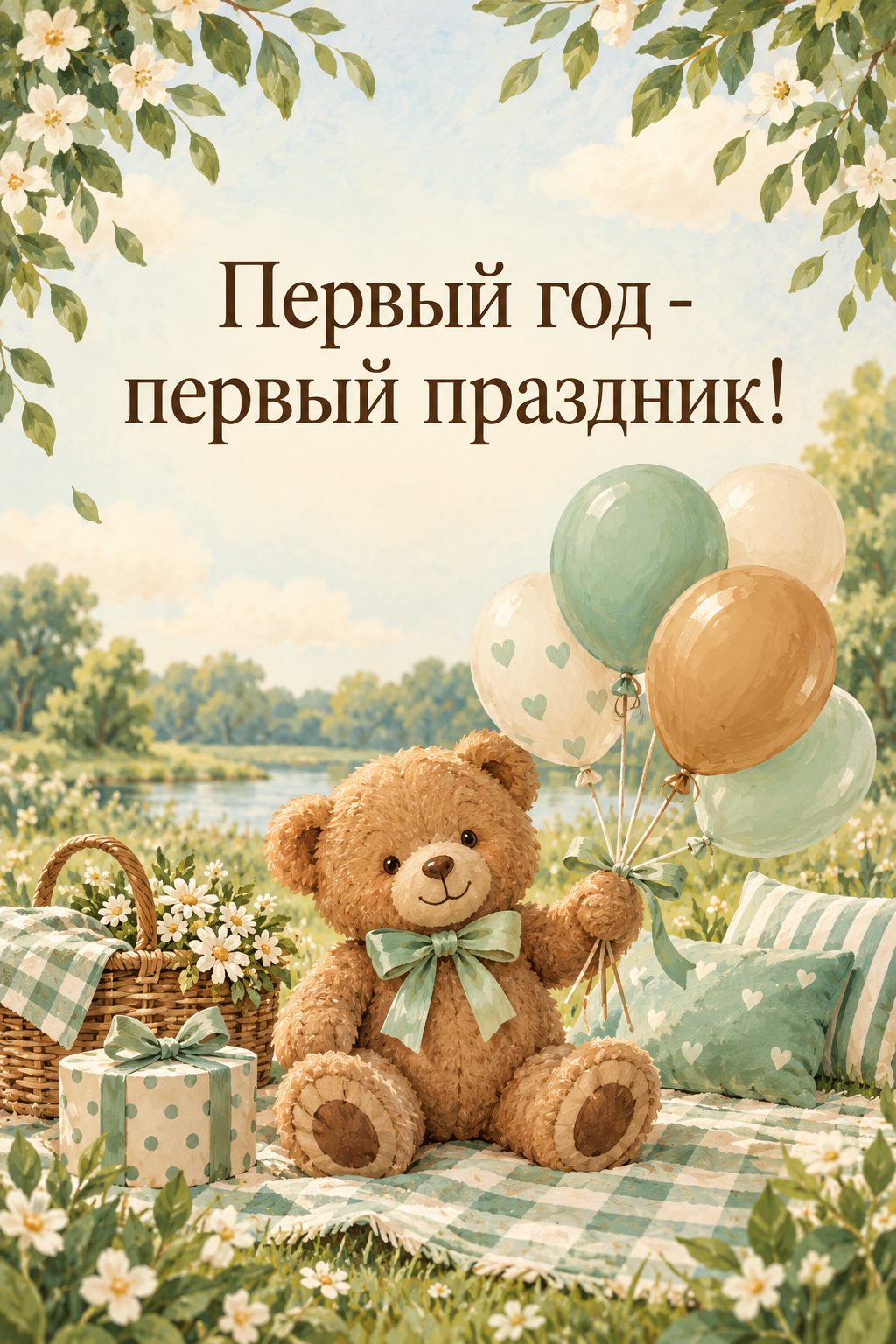 Открытка с годиком: плюшевый мишка с шарами на пледе для пикника, надпись «Первый год - первый праздник!»