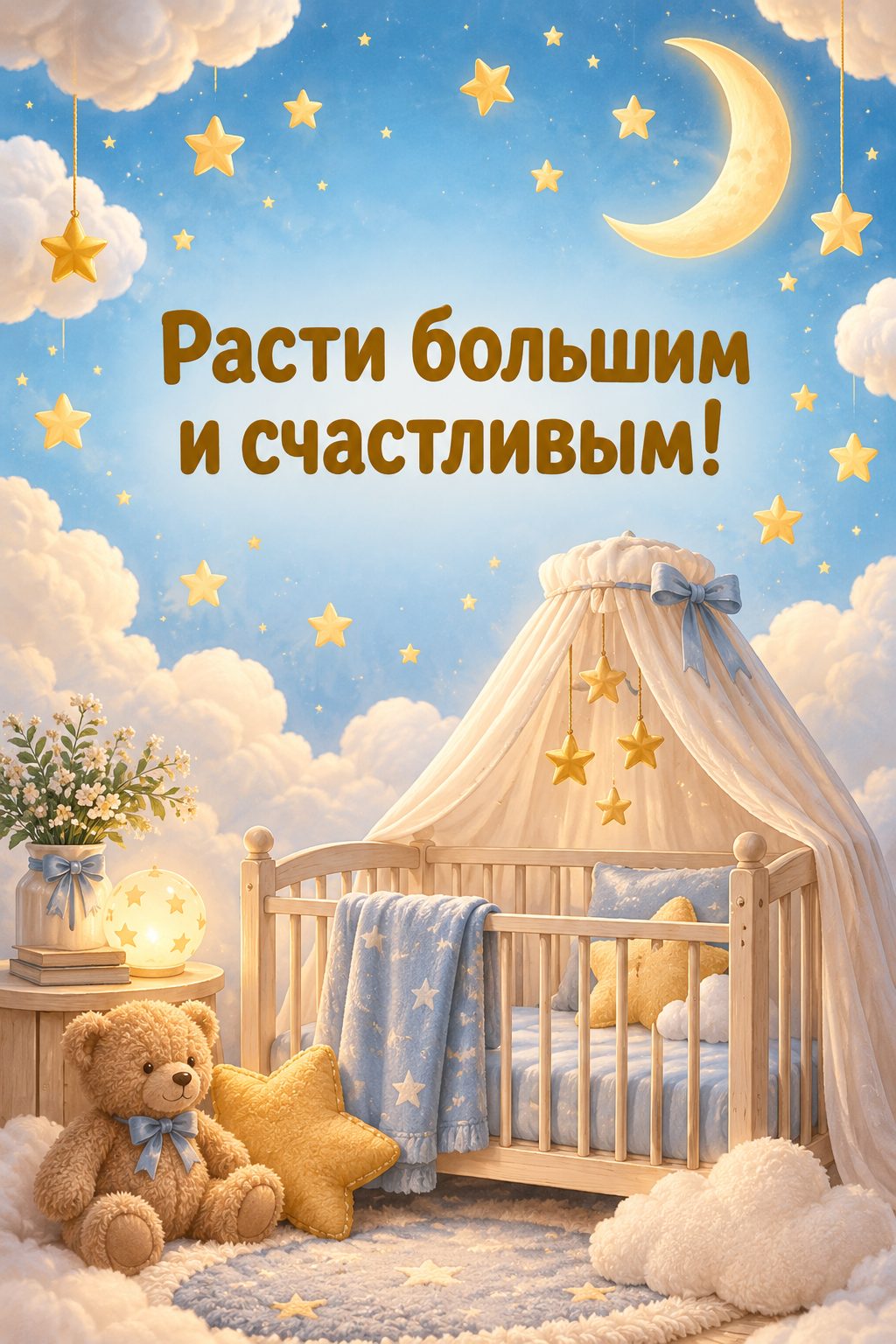 Открытка с годиком: облака, месяц и звёзды над кроваткой, надпись «Расти большим и счастливым!»