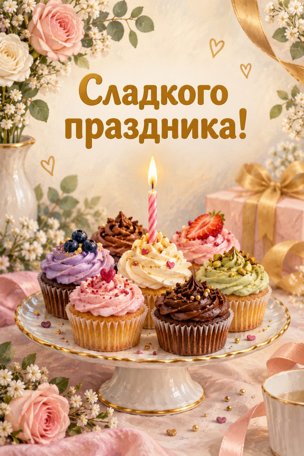 Открытка с годиком: тарелка разноцветных капкейков со свечкой в центре, надпись «Сладкого праздника!»