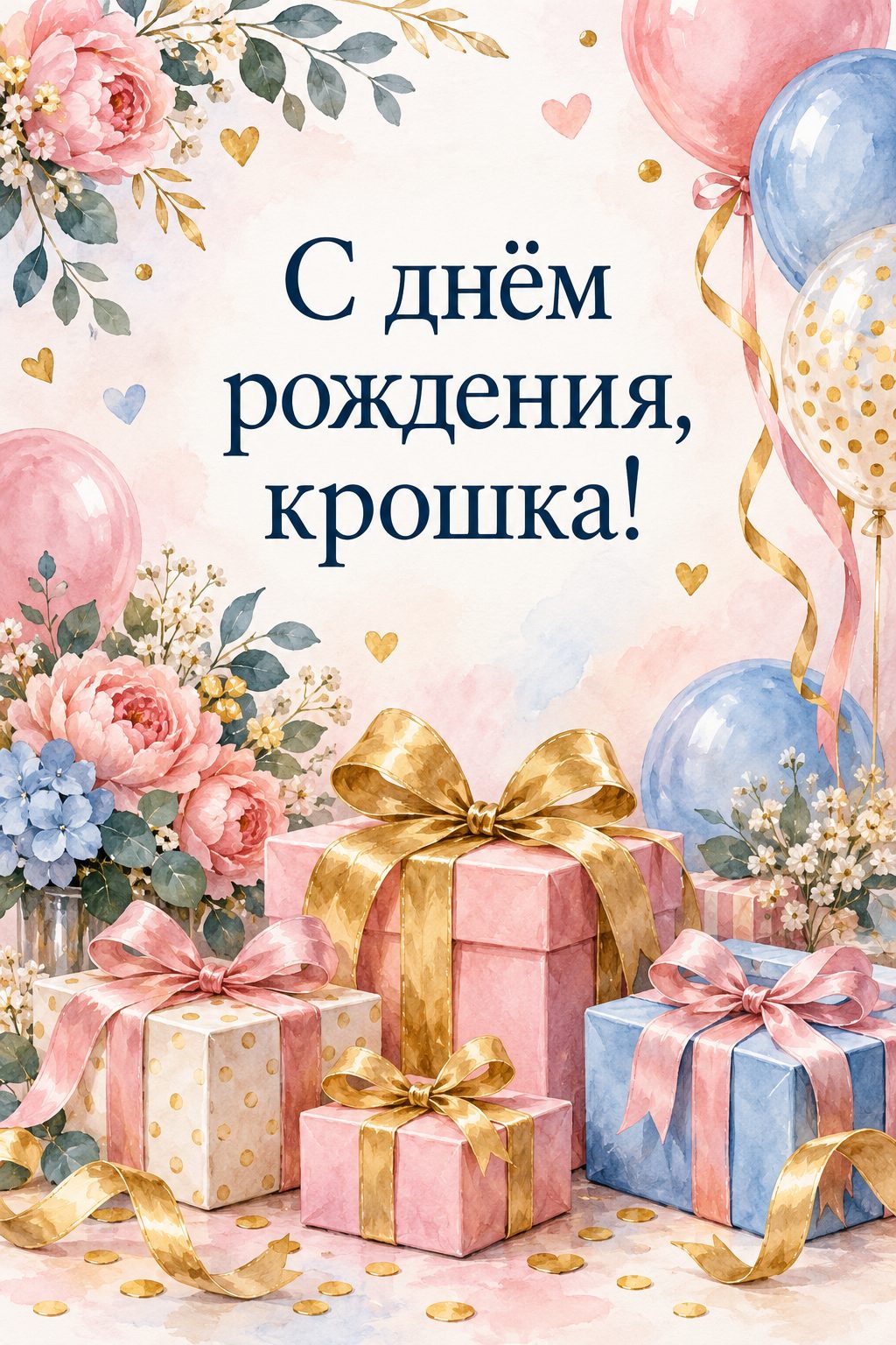 Открытка с годиком: гора маленьких подарков с лентами и шарами, надпись «С днём рождения, крошка!»