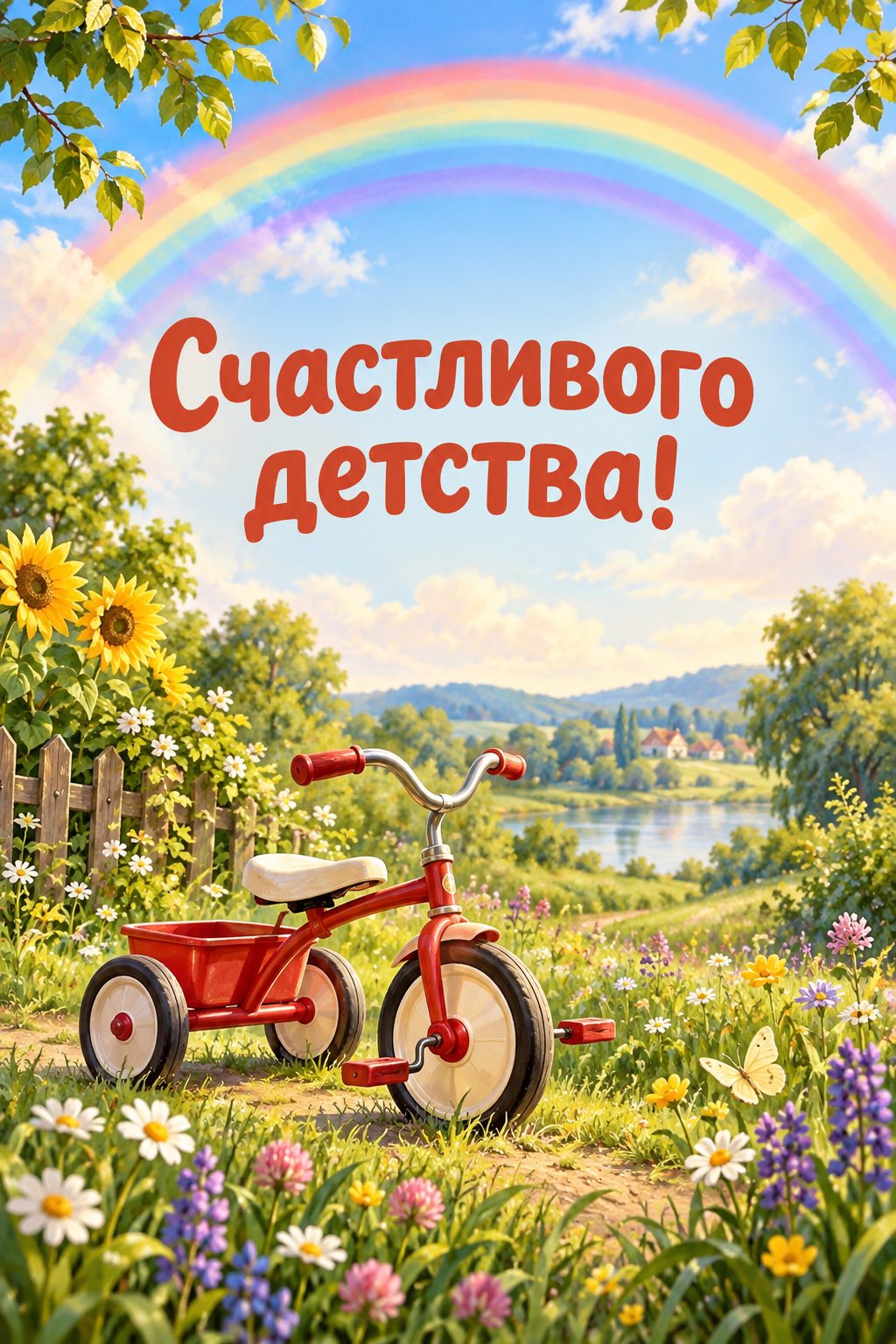 Открытка с годиком: радуга над лугом и детский велосипед, надпись «Счастливого детства!»