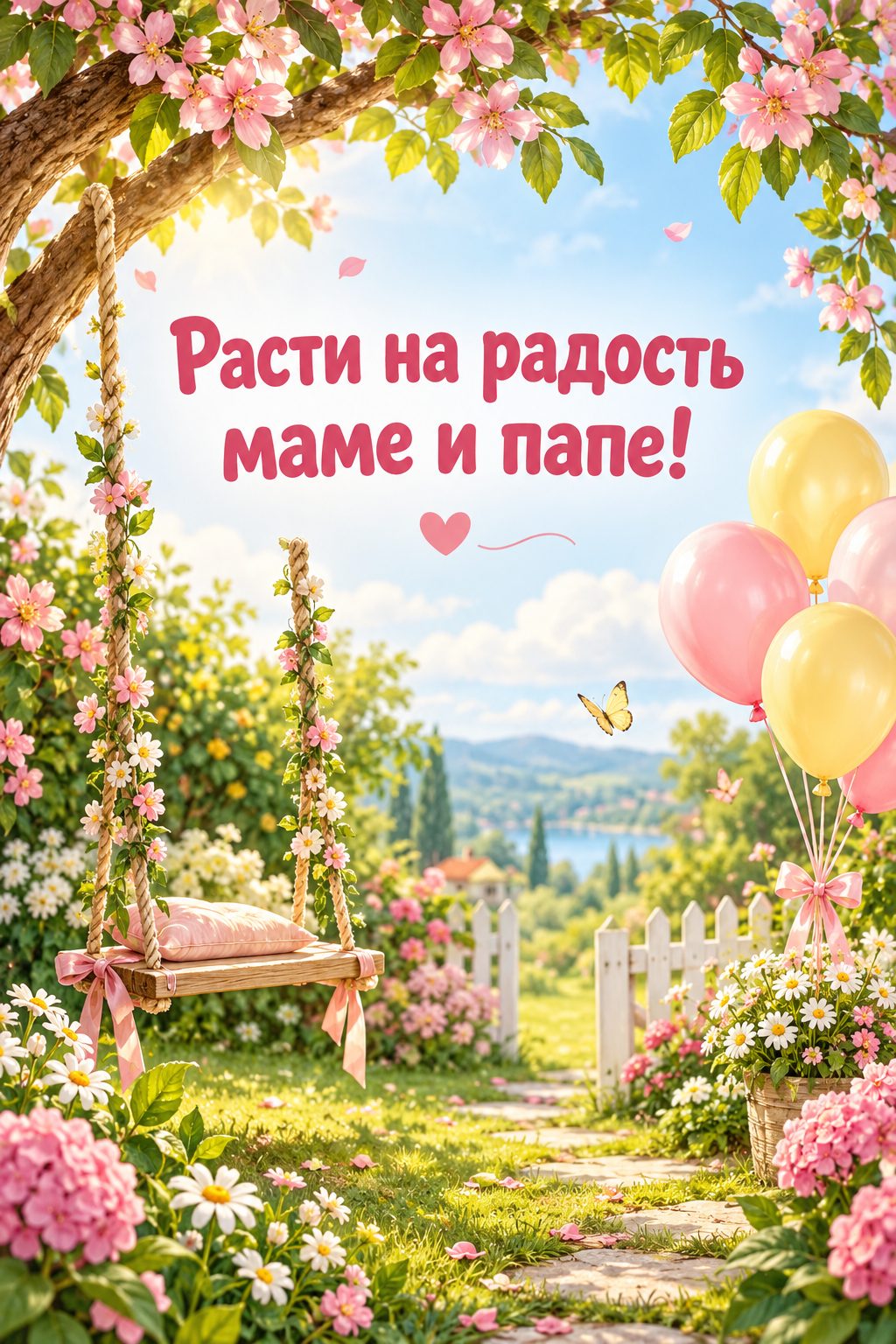 Открытка с годиком: цветущий сад с маленькими качелями и шарами, надпись «Расти на радость маме и папе!»