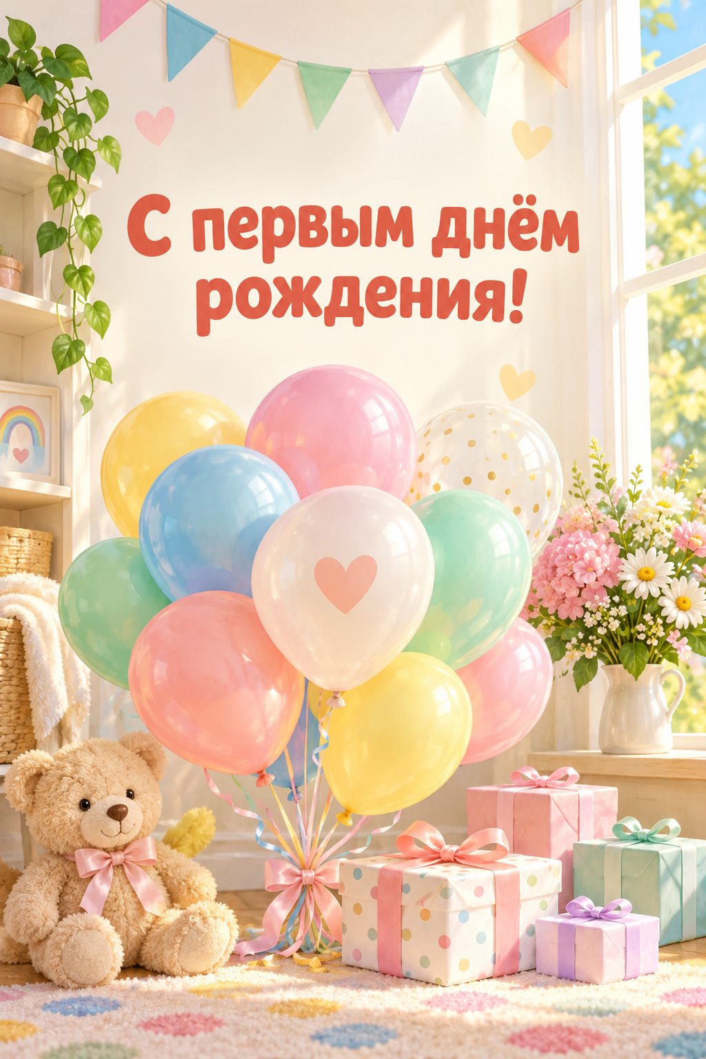Открытка с годиком: пастельные шары в солнечной комнате, надпись «С первым днём рождения!»