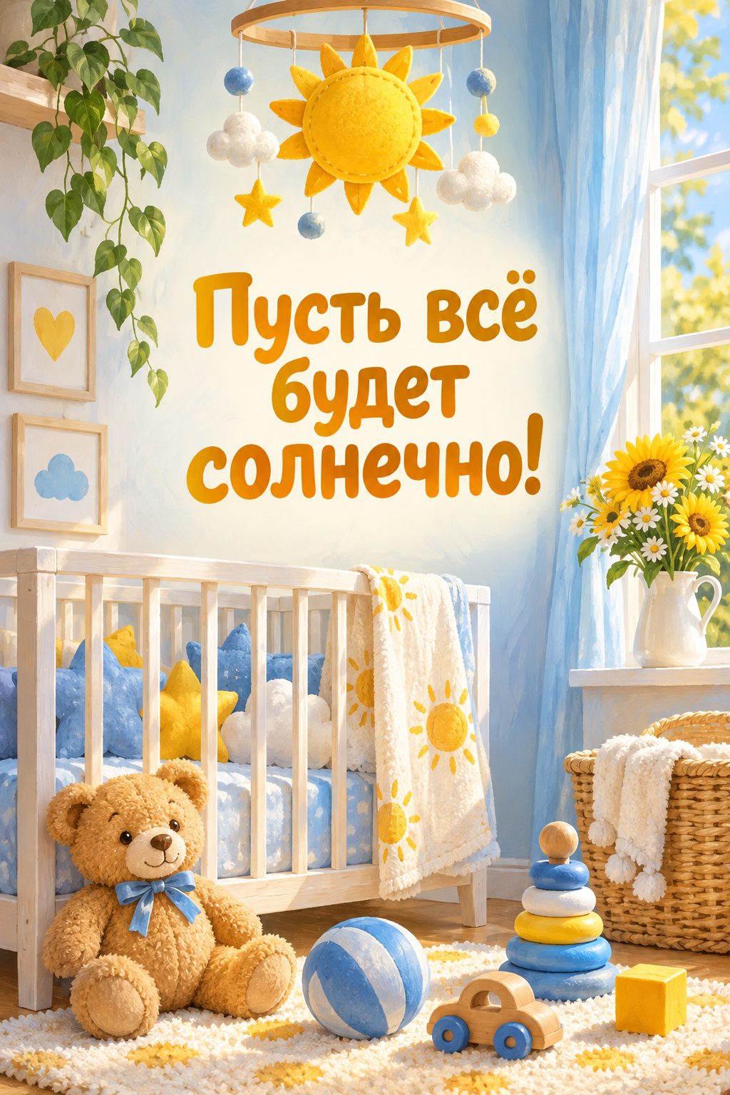 Открытка с годиком: мобиль-солнышко и игрушки в светлой детской, надпись «Пусть всё будет солнечно!»