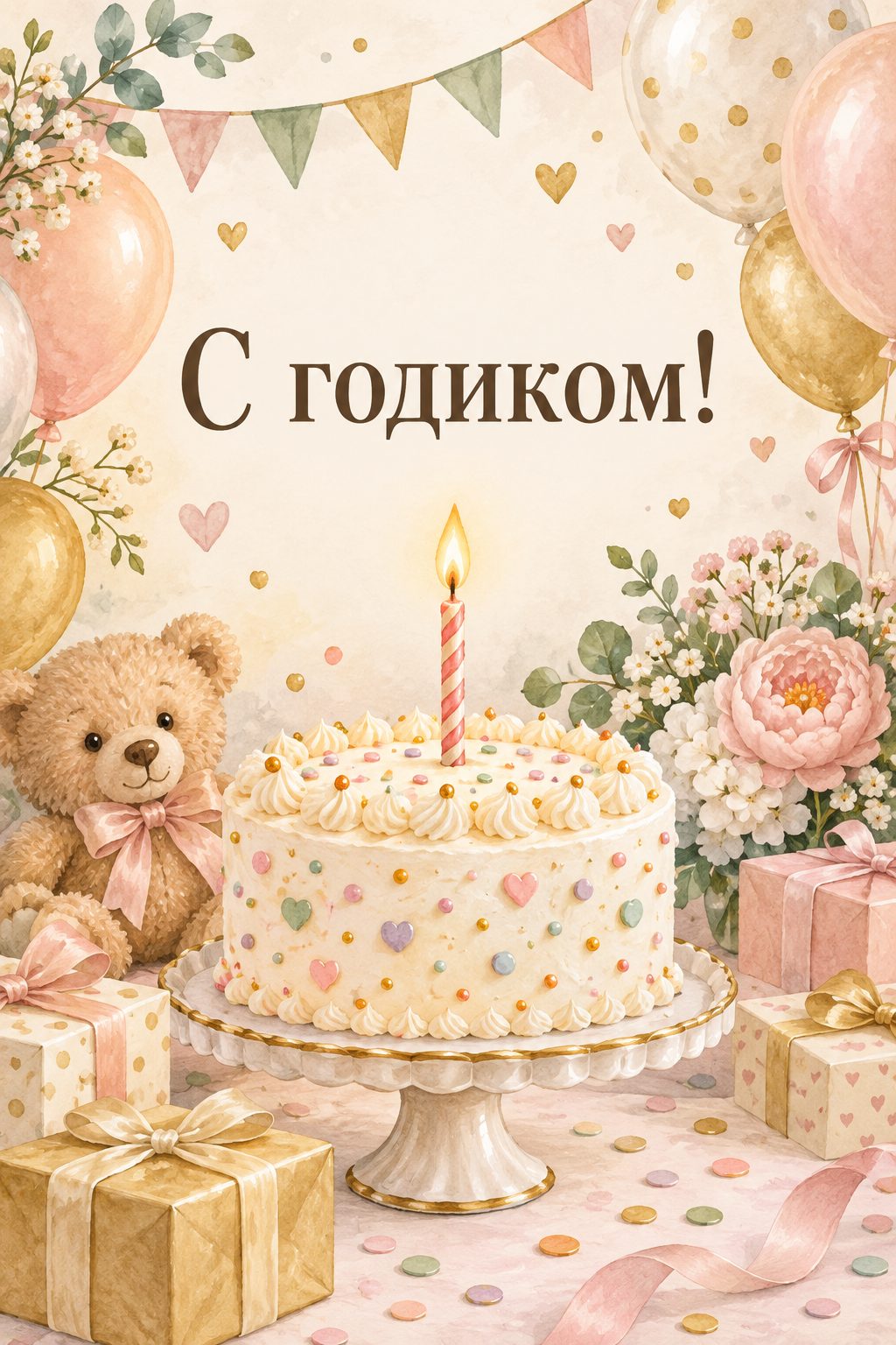 Открытка с годиком: классический торт со свечкой и пастельной посыпкой, надпись «С годиком!»