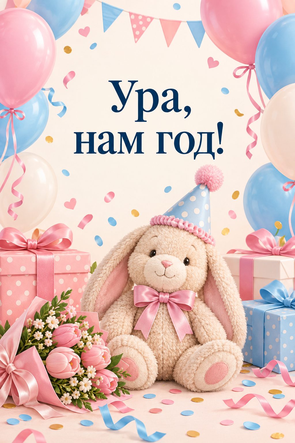 Открытка с годиком: плюшевый зайчик в праздничном колпаке и конфетти, надпись «Ура, нам год!»