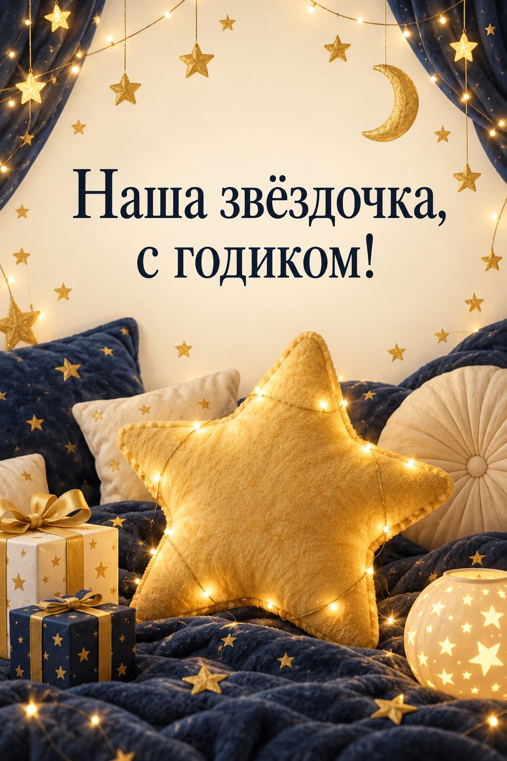 Открытка с годиком: большая мягкая звезда с огоньками, надпись «Наша звёздочка, с годиком!»