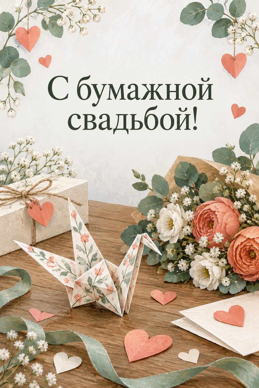 Открытка с годовщиной свадьбы: бумажные сердца и журавлик-оригами: бумажная свадьба, 2 года, надпись «С бумажной свадьбой!»