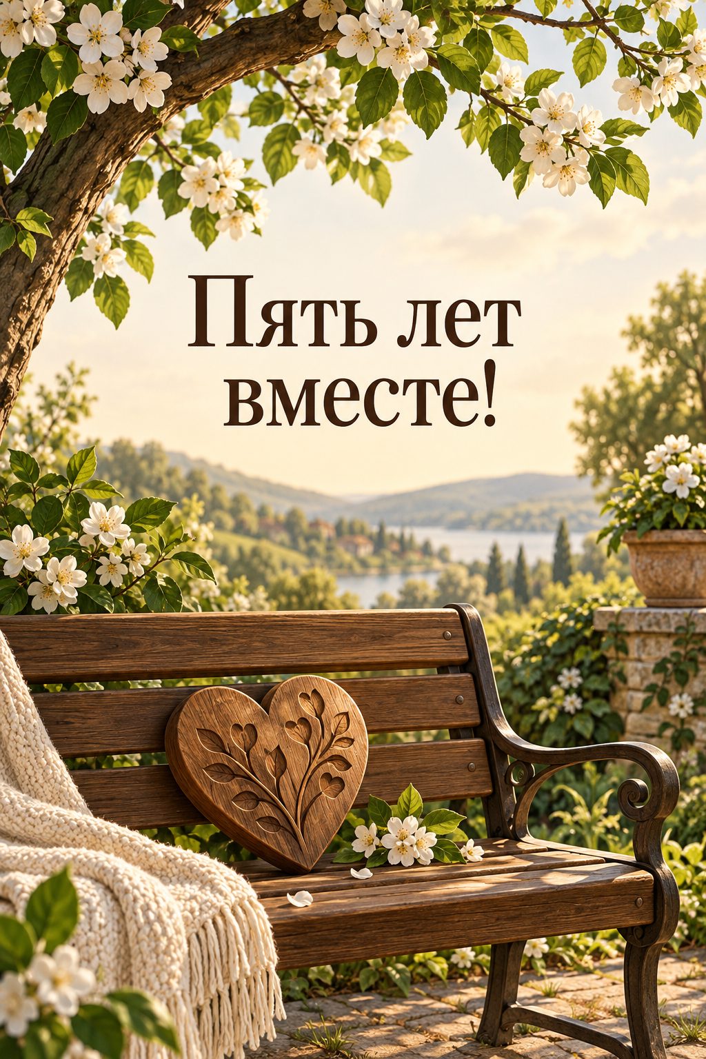 Открытка с годовщиной свадьбы: резное деревянное сердце на садовой скамейке: деревянная свадьба, 5 лет, надпись «Пять лет вместе!»