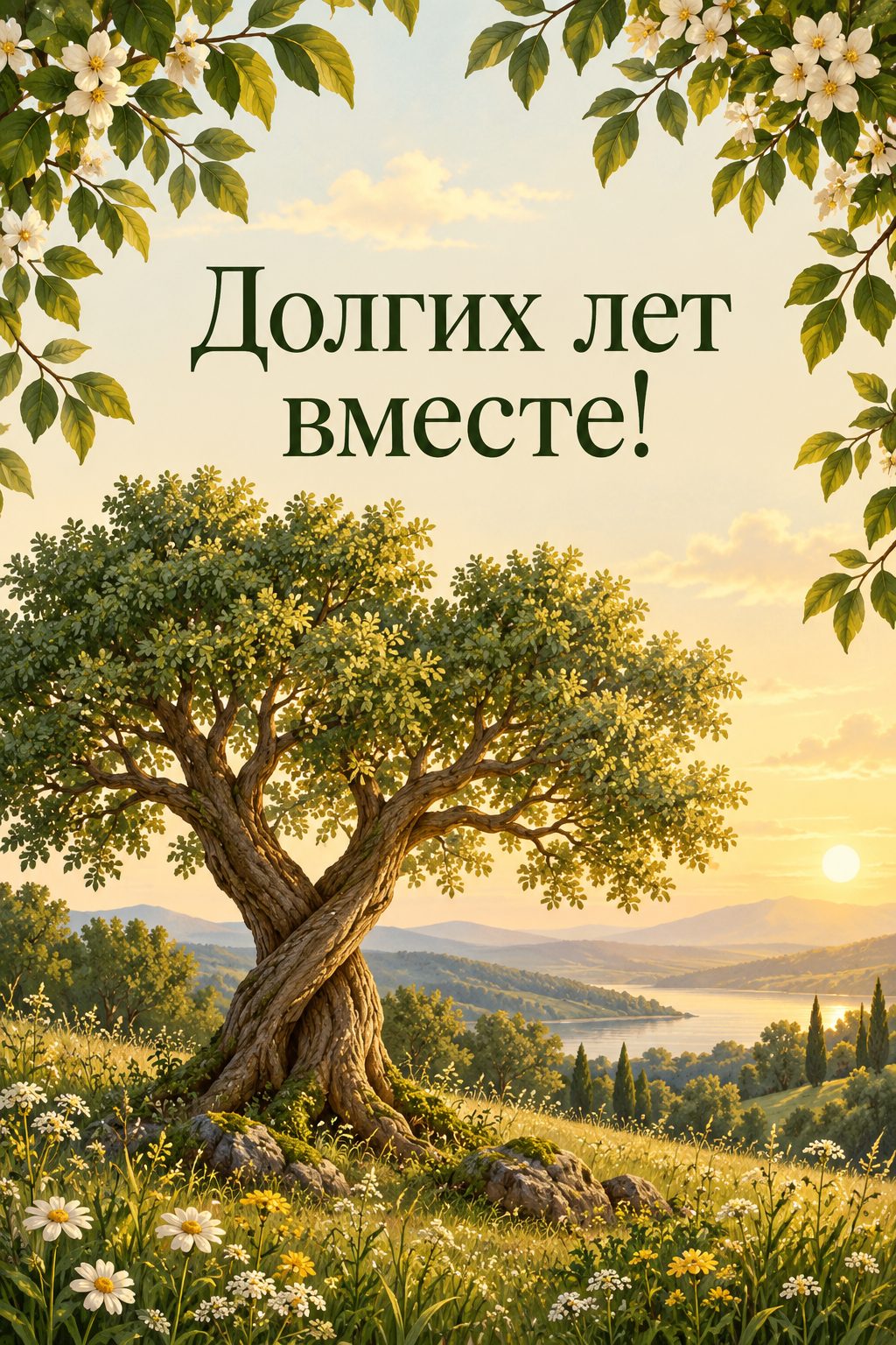 Открытка с годовщиной свадьбы: старое дерево с переплетёнными стволами на летнем лугу, надпись «Долгих лет вместе!»