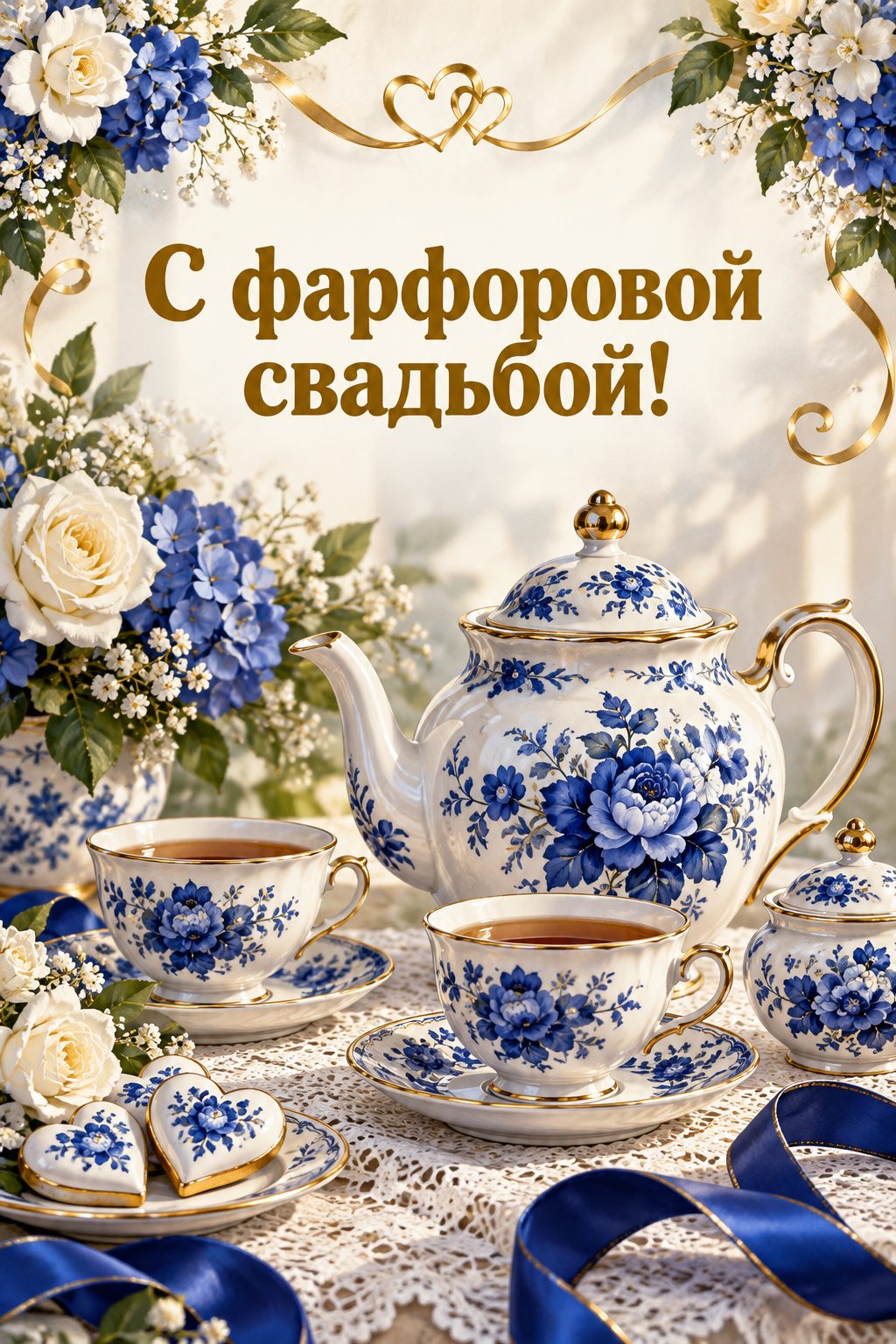 Открытка с годовщиной свадьбы: фарфоровый чайный сервиз на кружевной скатерти: фарфоровая свадьба, 20 лет, надпись «С фарфоровой свадьбой!»