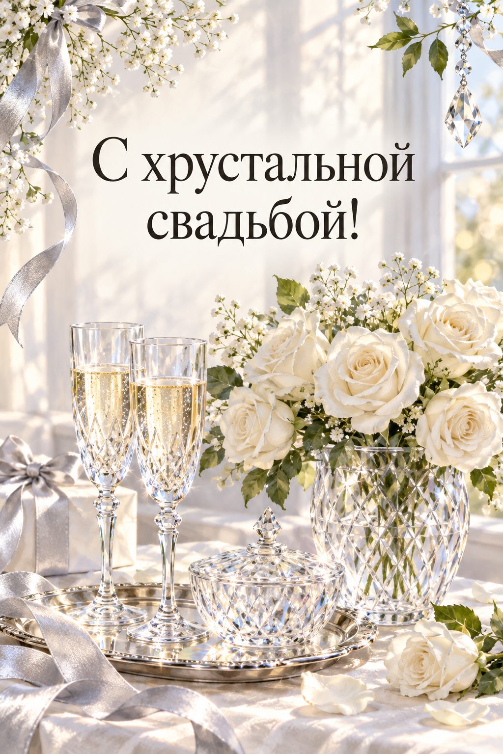 Открытка с годовщиной свадьбы: хрустальные бокалы и ваза с белыми розами: хрустальная свадьба, 15 лет, надпись «С хрустальной свадьбой!»