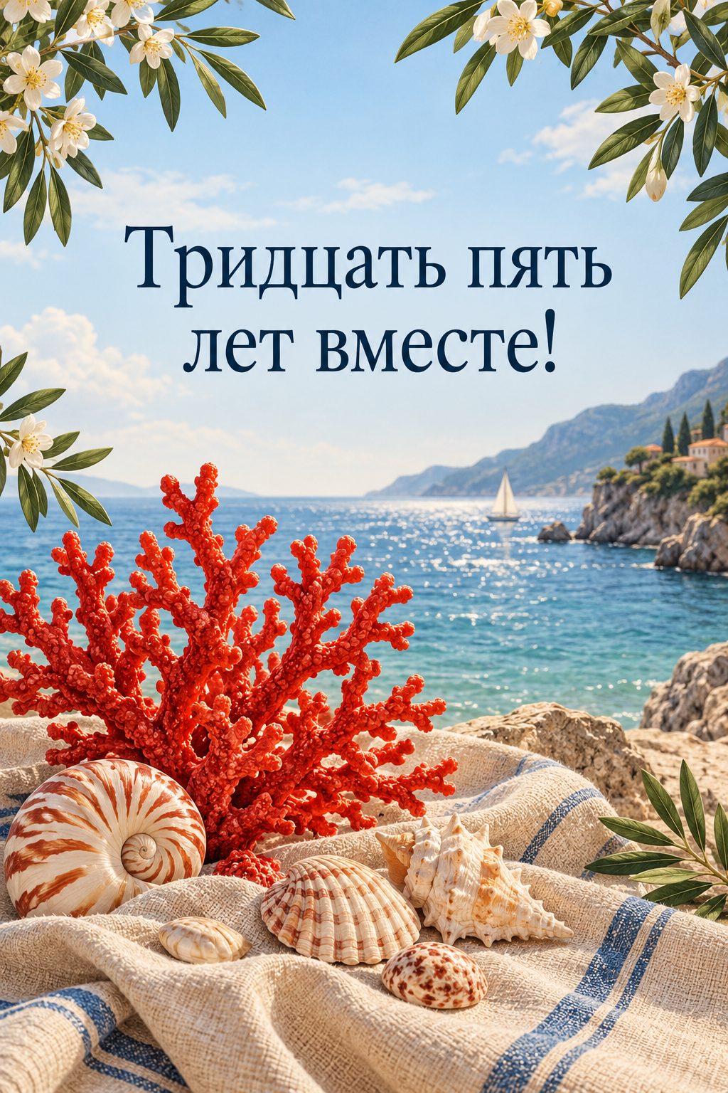 Открытка с годовщиной свадьбы: ветка коралла и ракушки на льняной ткани: коралловая или полотняная свадьба, 35 лет, надпись «Тридцать пять лет вместе!»