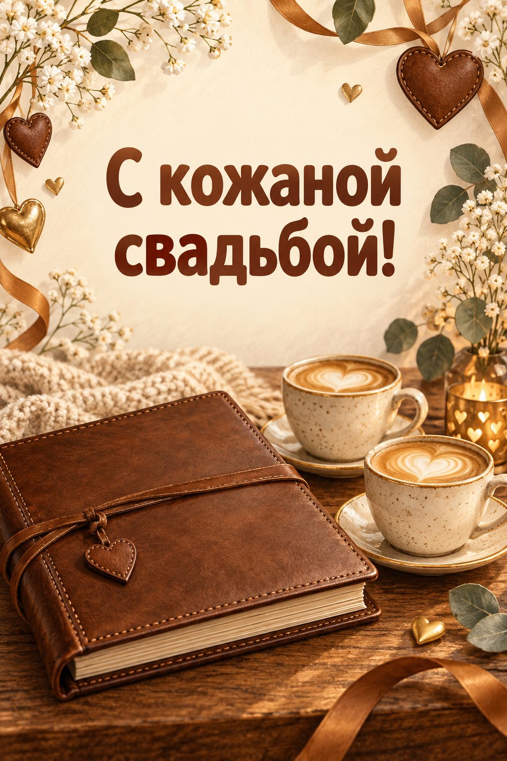 Открытка с годовщиной свадьбы: кожаный альбом и две чашки кофе: кожаная свадьба, 3 года, надпись «С кожаной свадьбой!»