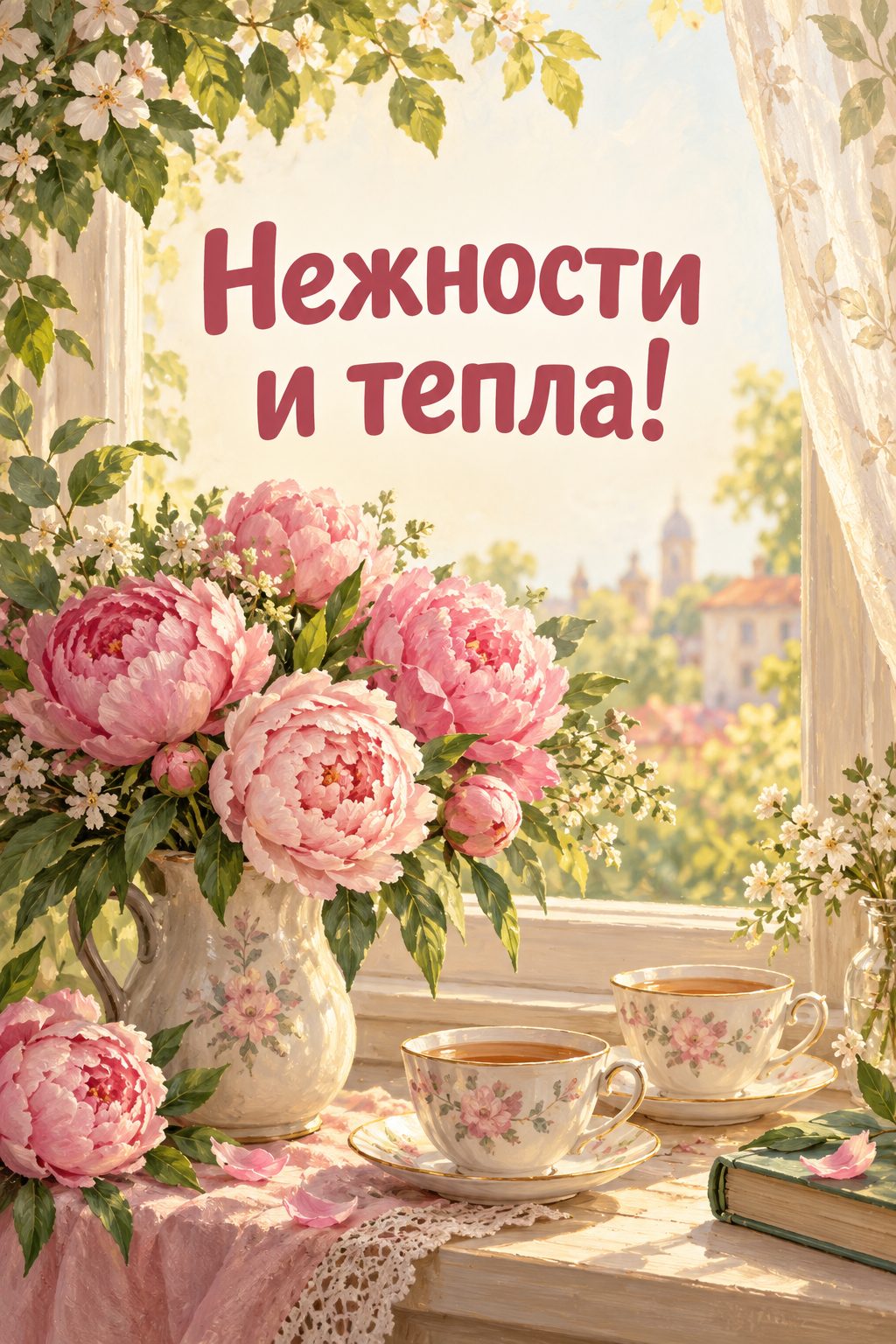 Открытка с годовщиной свадьбы: букет пионов и две чашки на подоконнике, надпись «Нежности и тепла!»