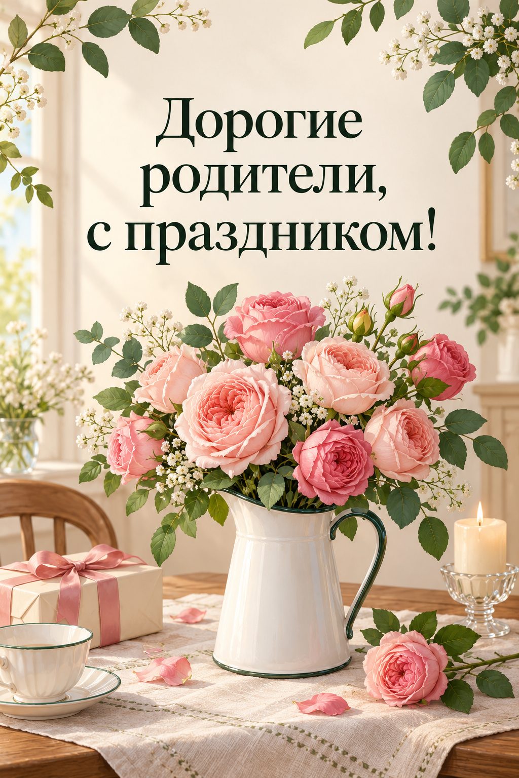 Открытка с годовщиной свадьбы: букет садовых роз в эмалированном кувшине на праздничном столе, надпись «Дорогие родители, с праздником!»