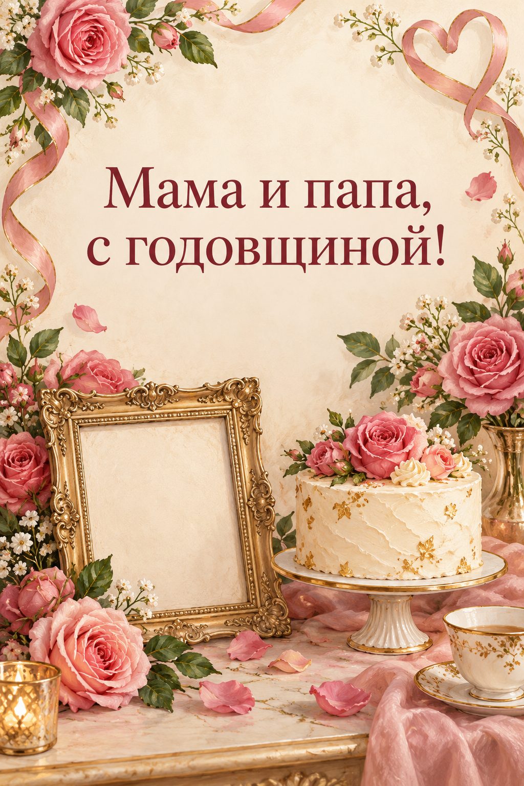 Открытка с годовщиной свадьбы: пустая рамка для фото, садовые розы и торт, надпись «Мама и папа, с годовщиной!»
