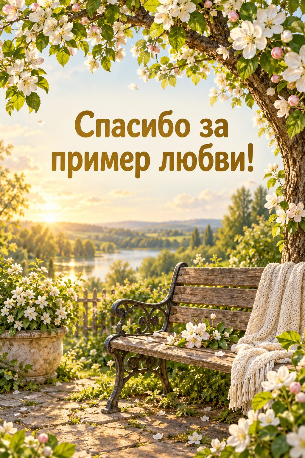 Открытка с годовщиной свадьбы: скамейка на двоих под цветущей яблоней, надпись «Спасибо за пример любви!»