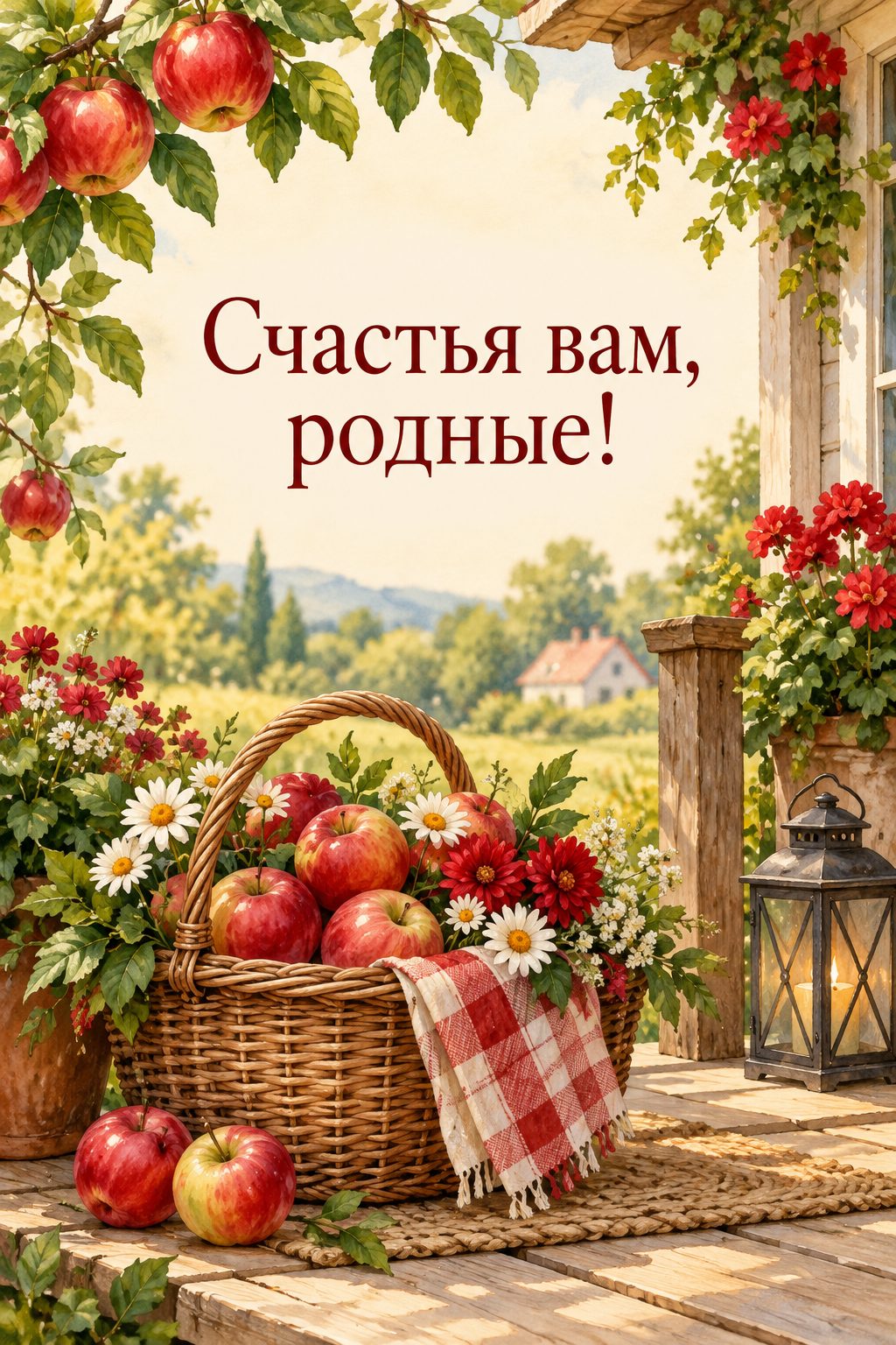 Открытка с годовщиной свадьбы: корзина яблок и цветов на крыльце дома, надпись «Счастья вам, родные!»