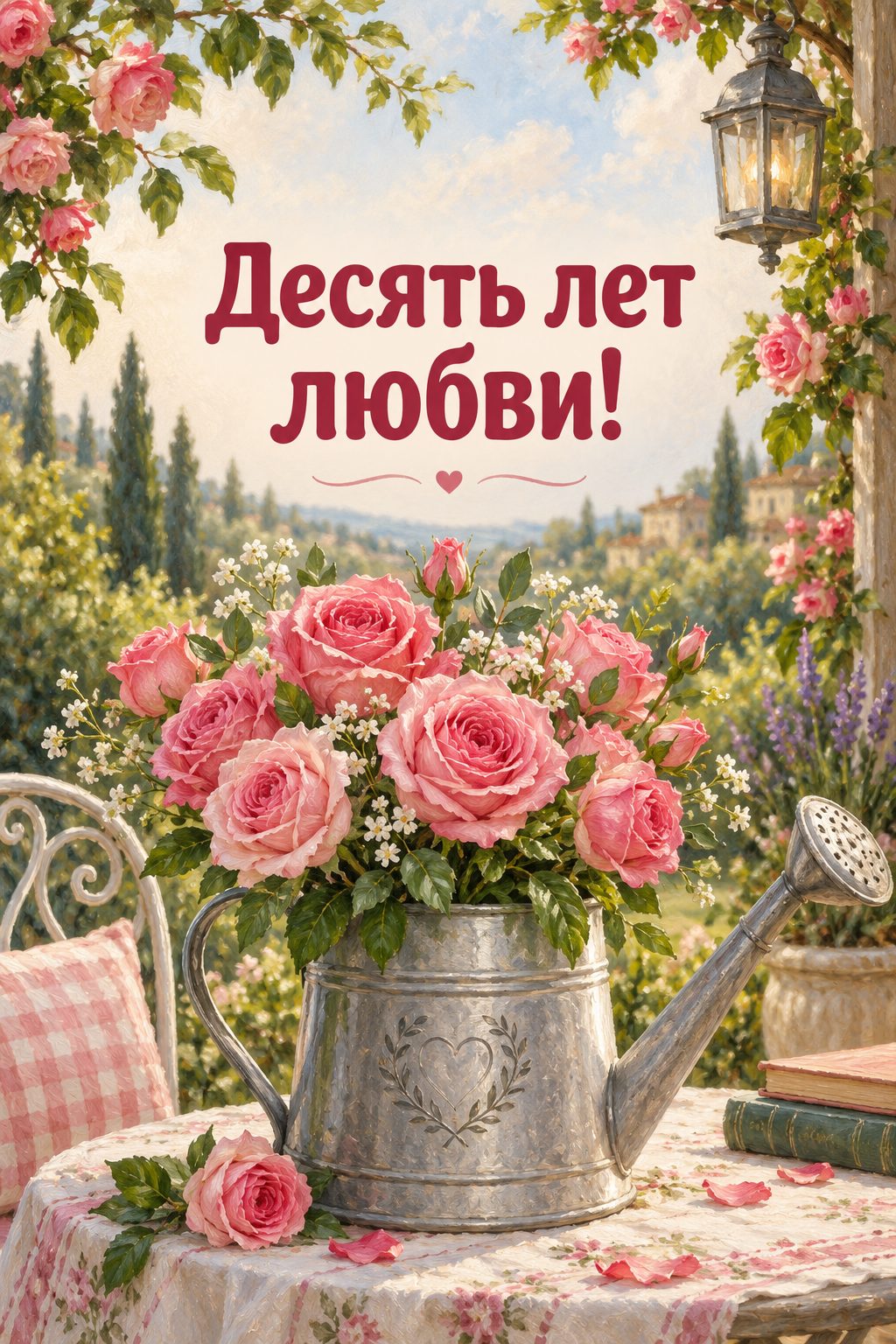 Открытка с годовщиной свадьбы: букет розовых роз в оловянной лейке: розовая или оловянная свадьба, 10 лет, надпись «Десять лет любви!»