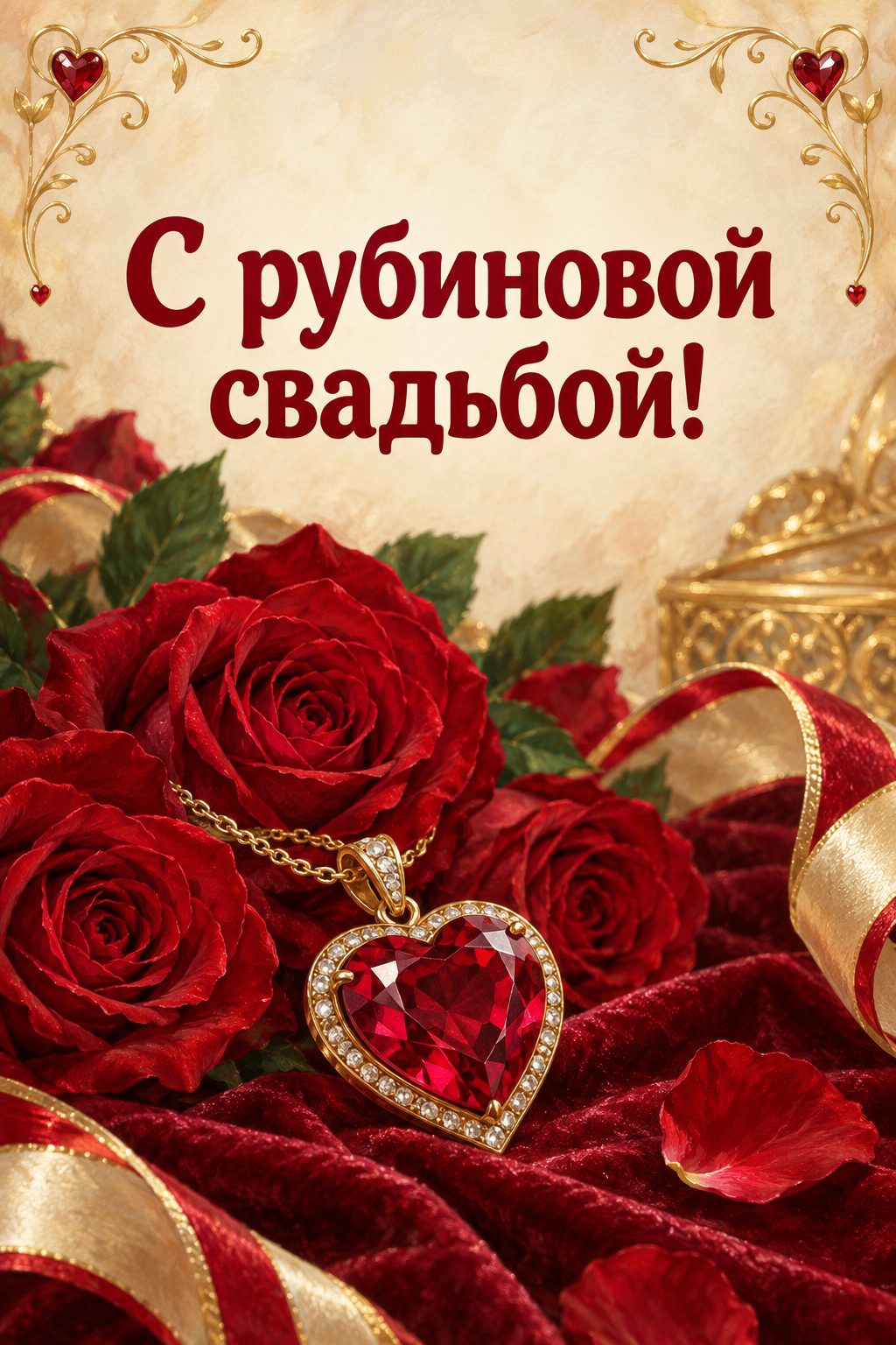 Открытка с годовщиной свадьбы: рубиновое сердце на красных розах и бархате: рубиновая свадьба, 40 лет, надпись «С рубиновой свадьбой!»