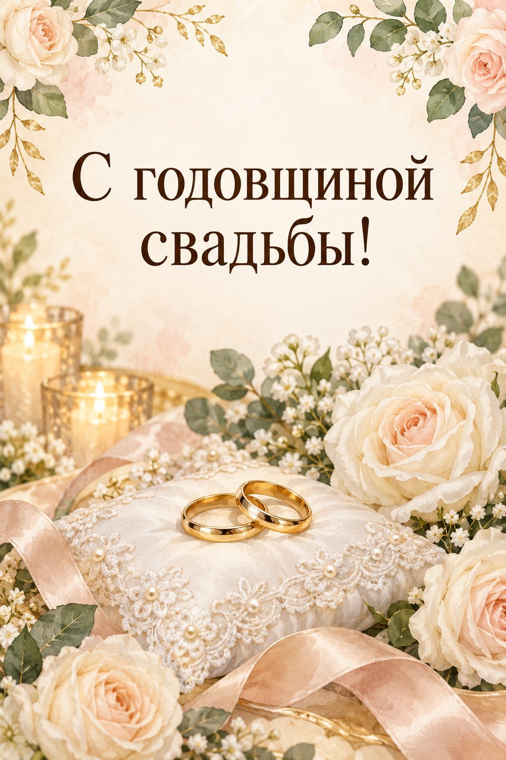 Открытка с годовщиной свадьбы: обручальные кольца на кружевной подушке среди белых роз, надпись «С годовщиной свадьбы!»