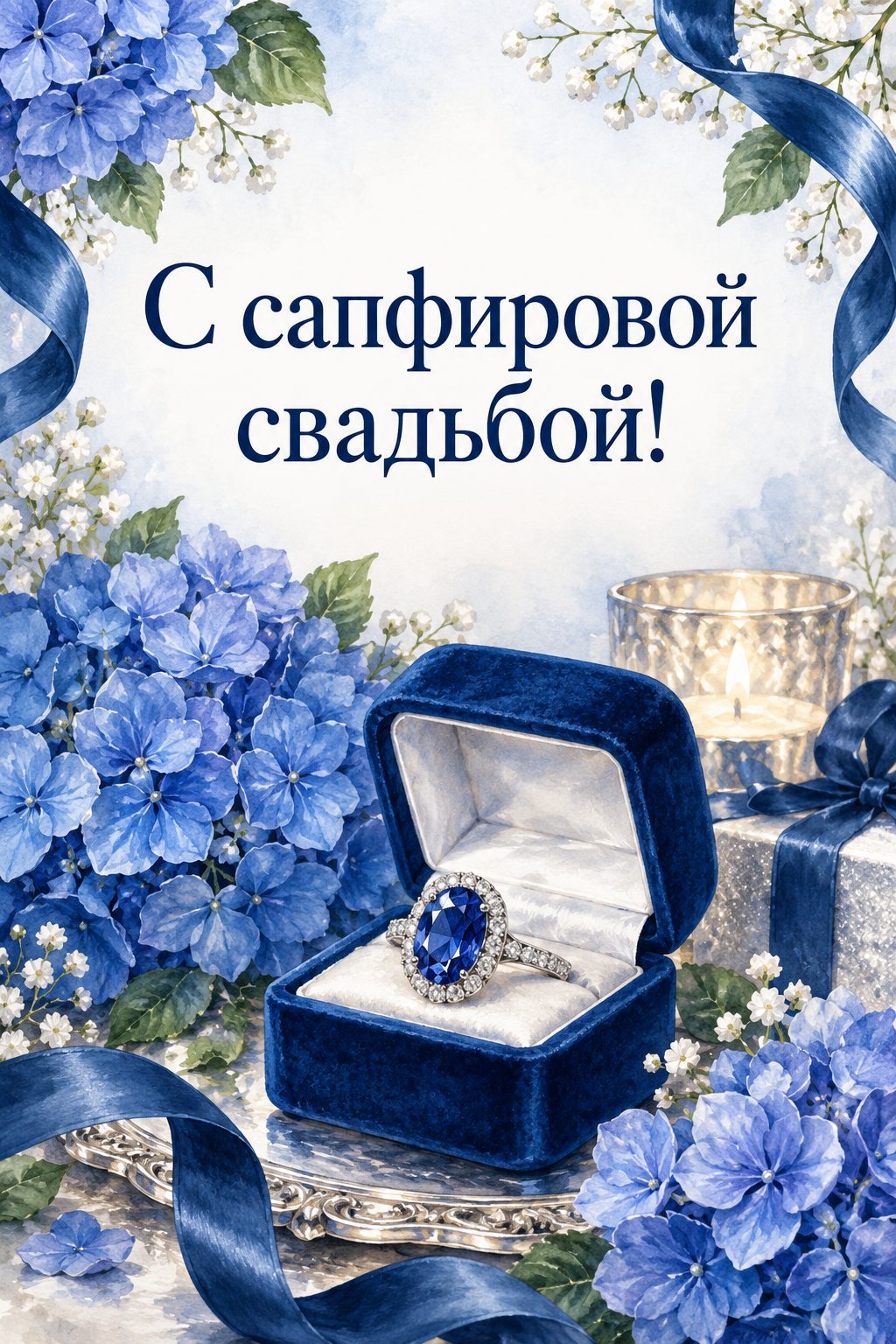 Открытка с годовщиной свадьбы: шкатулка с сапфиром среди синих гортензий: сапфировая свадьба, 45 лет, надпись «С сапфировой свадьбой!»