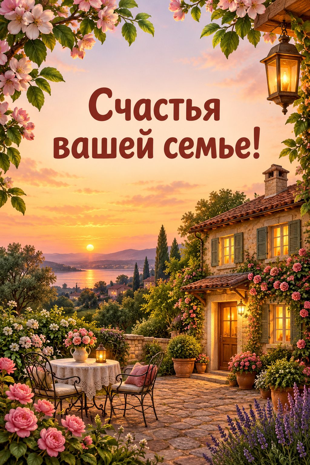 Открытка с годовщиной свадьбы: уютный дом с огнями в окнах в цветущем саду, надпись «Счастья вашей семье!»