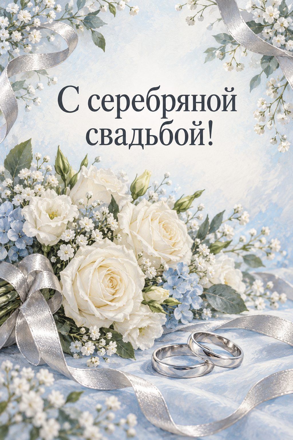 Открытка с годовщиной свадьбы: серебряные кольца и ленты вокруг букета белых цветов: серебряная свадьба, 25 лет, надпись «С серебряной свадьбой!»