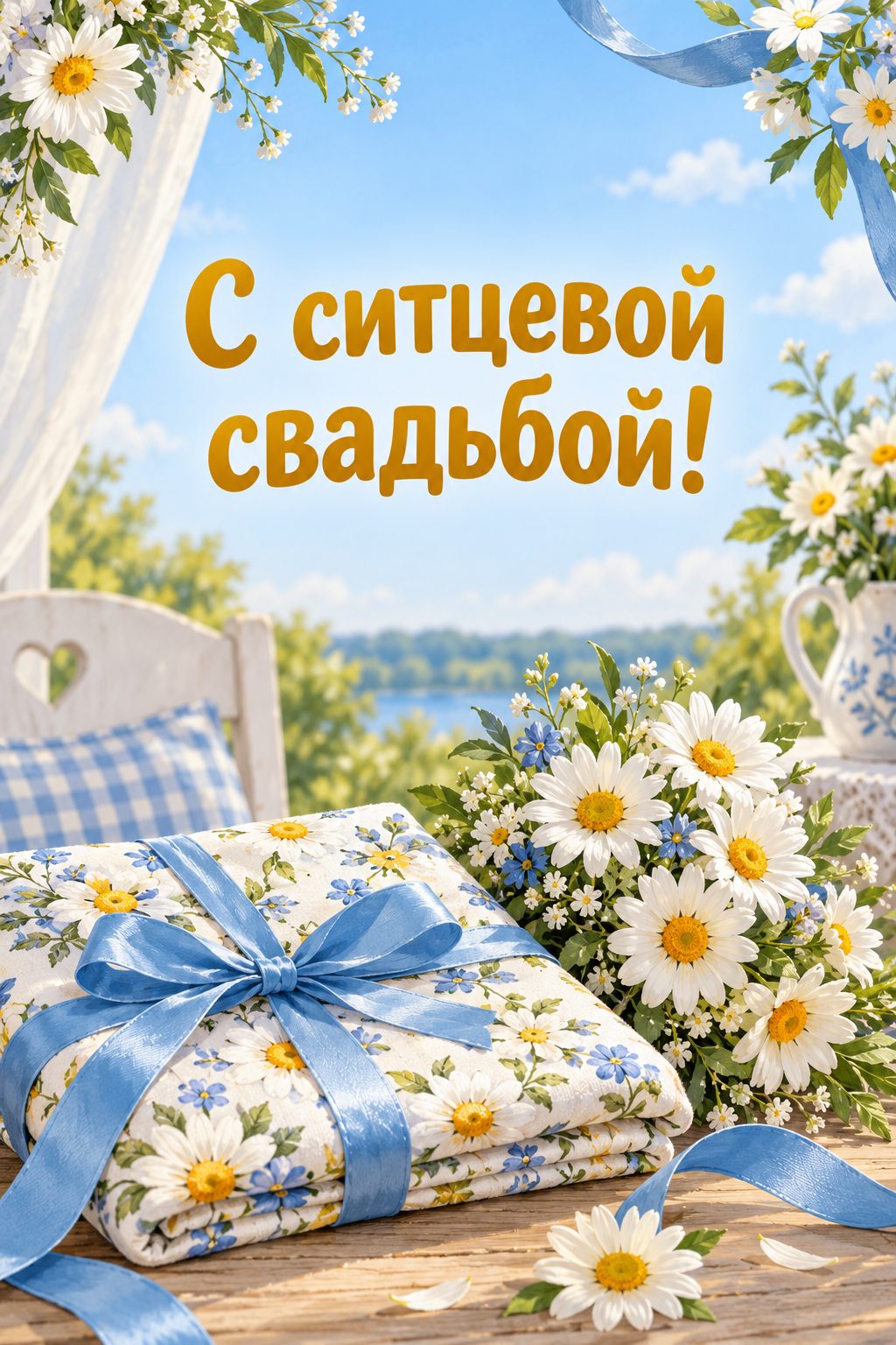 Открытка с годовщиной свадьбы: ситцевая ткань с лентой и букет ромашек: ситцевая свадьба, 1 год, надпись «С ситцевой свадьбой!»