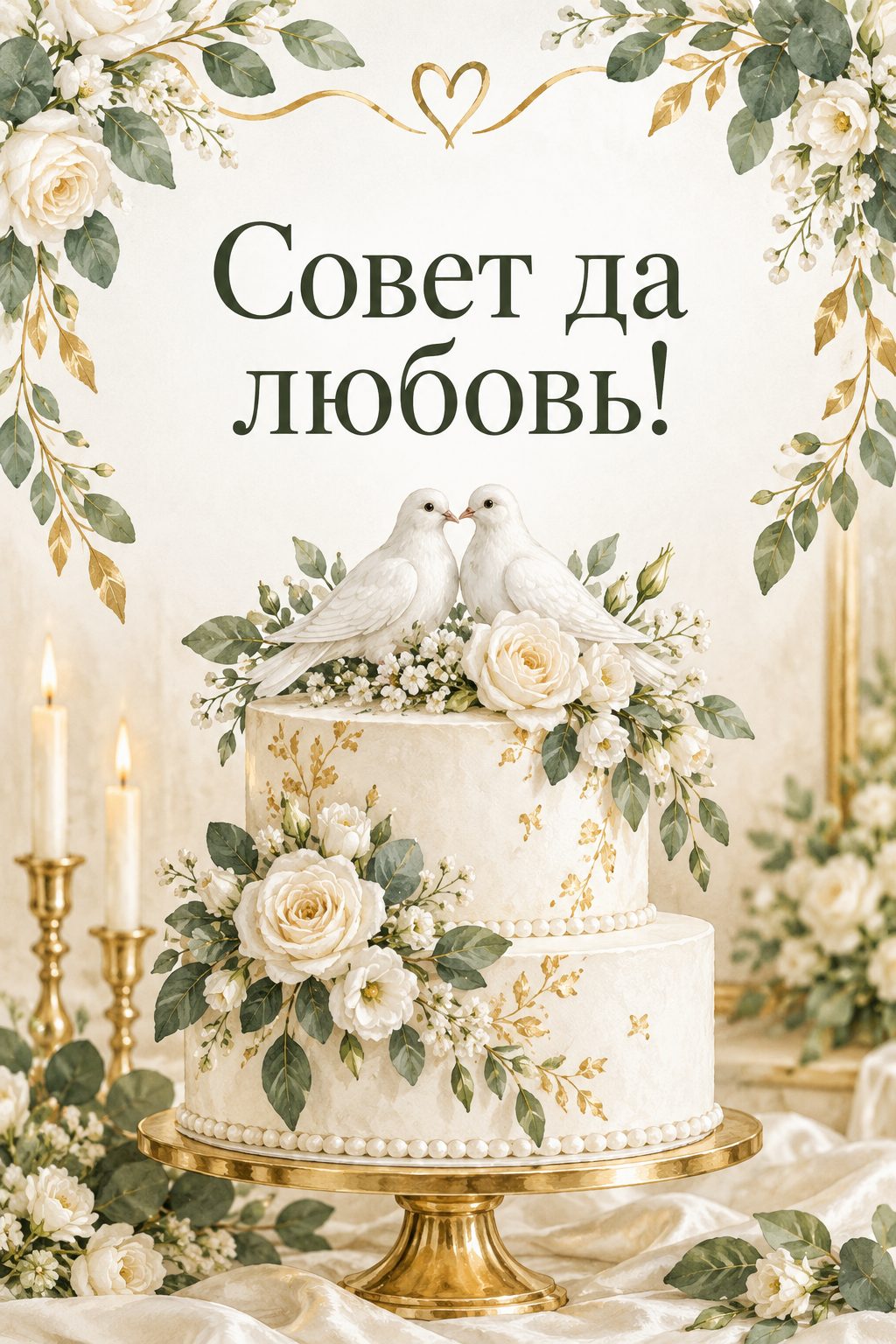 Открытка с годовщиной свадьбы: свадебный торт с цветами и двумя голубями, надпись «Совет да любовь!»