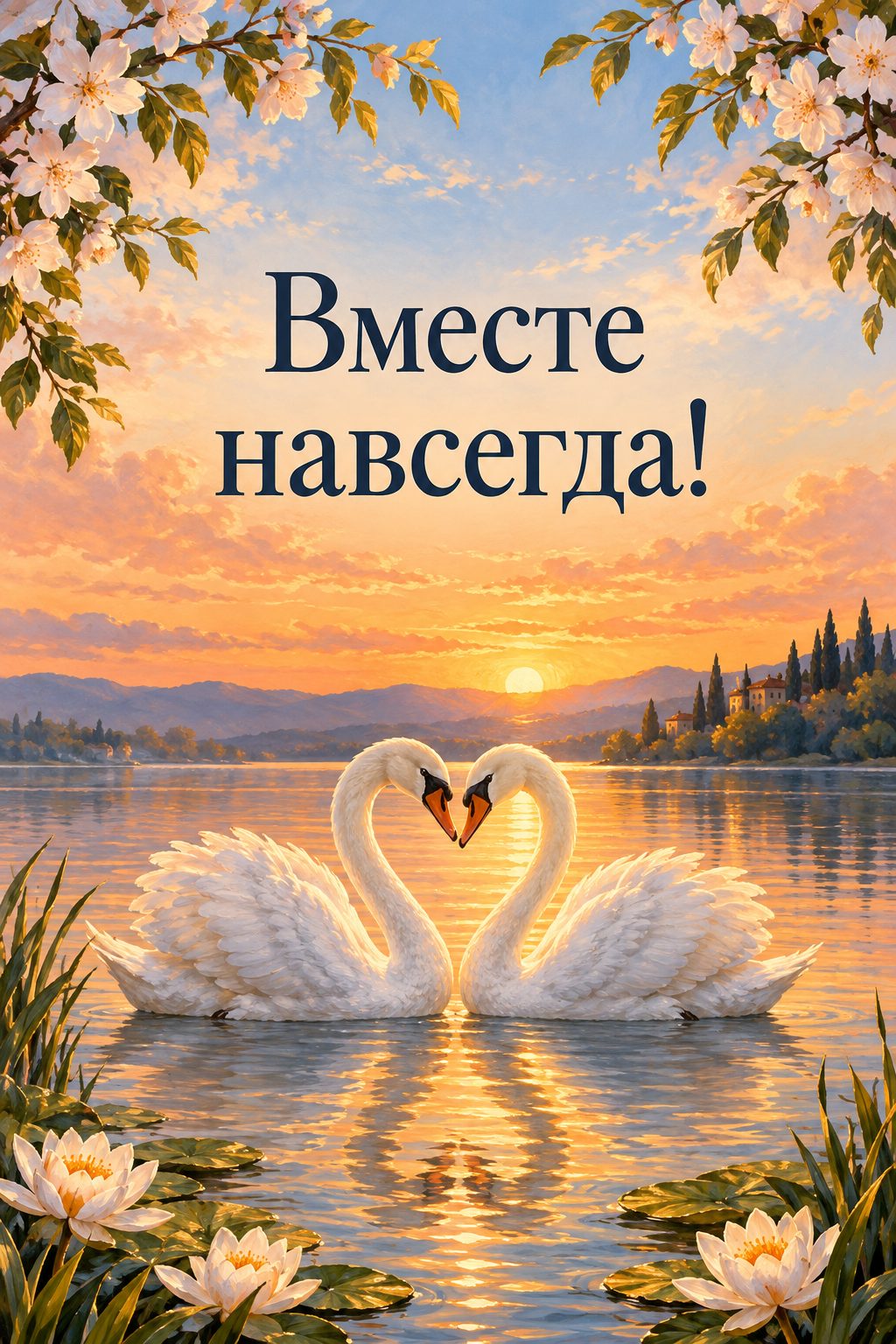 Открытка с годовщиной свадьбы: два лебедя на озере на закате, надпись «Вместе навсегда!»