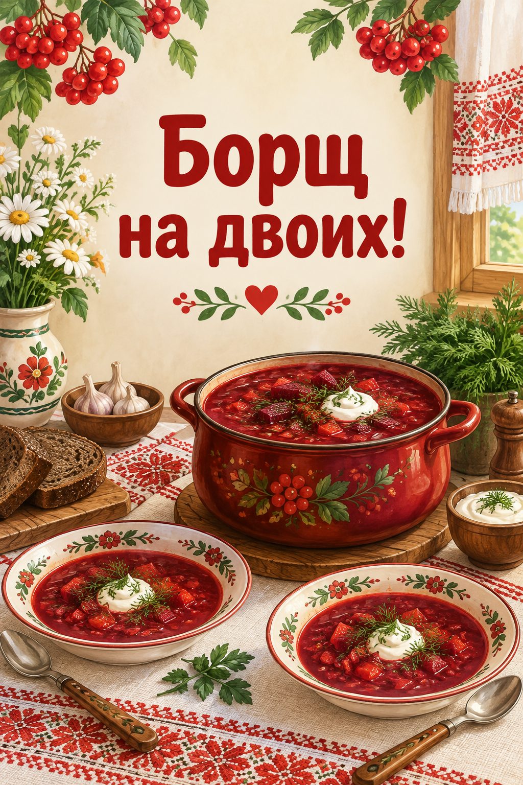 Открытка с годовщиной свадьбы: кастрюля борща и две тарелки на кухонном столе, надпись «Борщ на двоих!»