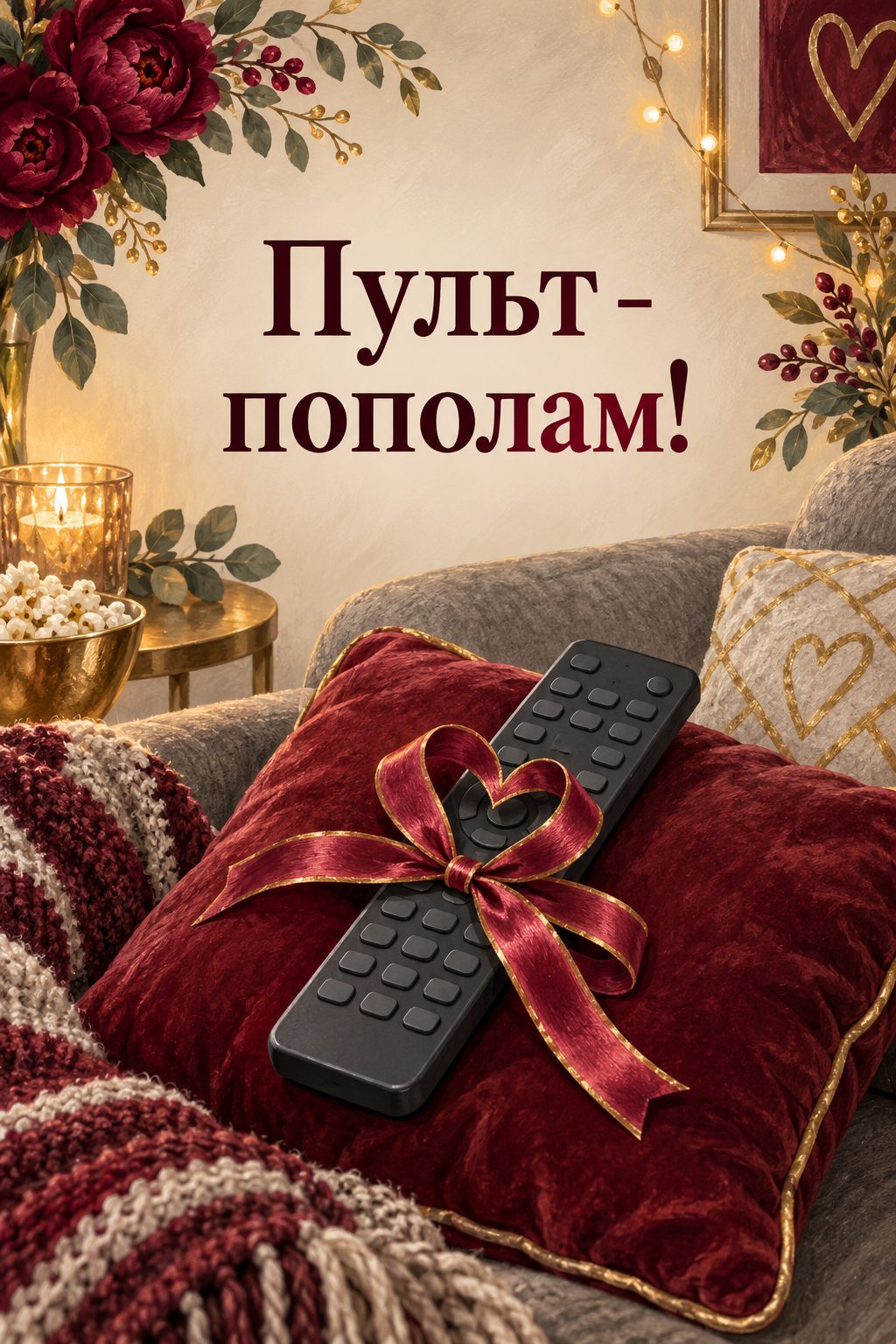 Открытка с годовщиной свадьбы: пульт с лентой-сердцем на диване, надпись «Пульт - пополам!»