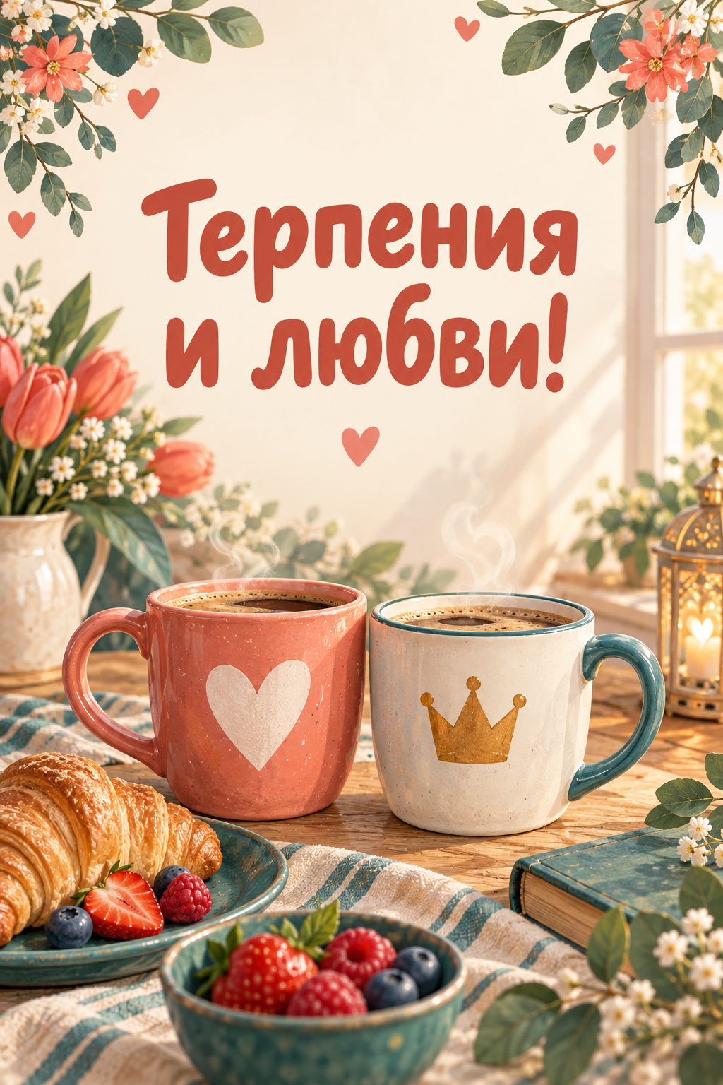 Открытка с годовщиной свадьбы: две кружки с сердцем и короной на столе к завтраку, надпись «Терпения и любви!»